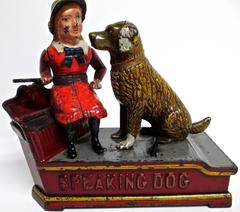Mechanical Bank Speaking Dog By The Shepard Co Ca 1885; with Original Wooden Box