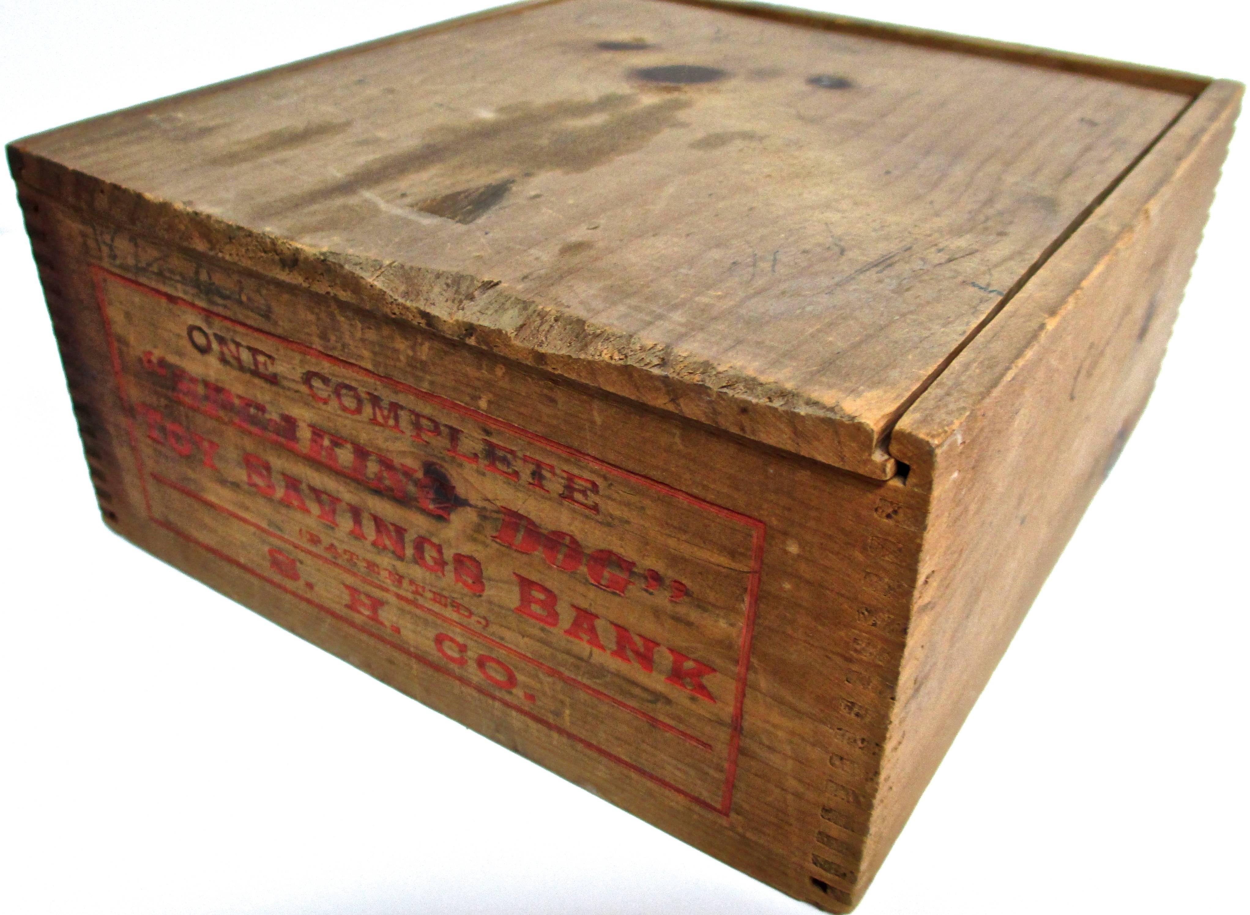 American Mechanical Bank , Speaking Dog', circa 1885 with Original Wooden Box