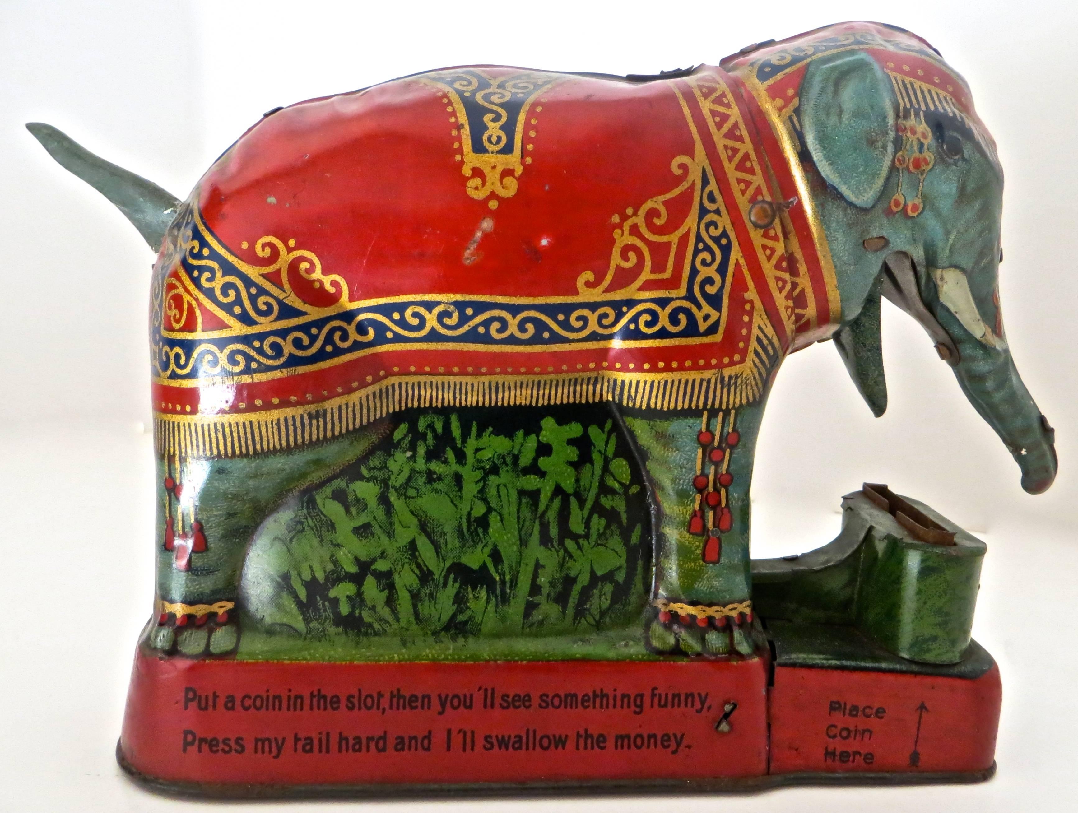 This mechanical bank is of German manufacture in 1912 and is in excellent all original condition. The paint is 98% complete and original with no touch-up paint, and in the upper echelon category for this bank. It is made of tin, with lithograph and