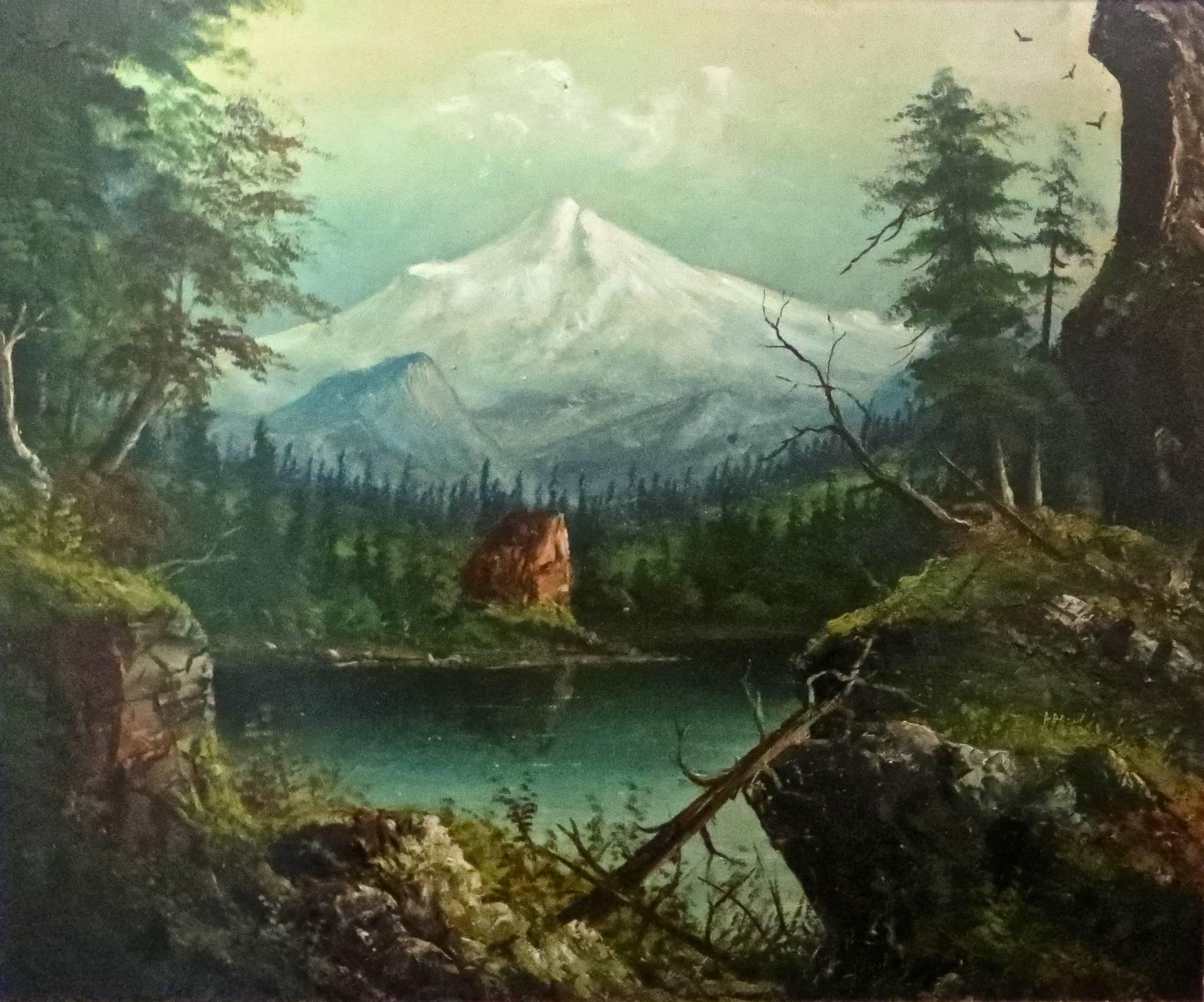 Snow covered Mount Hood located in Oregon is the subject of this oil painting on board. Pine trees in the background with a lake in the foreground surrounded by cliffs and rocks, and a cabin on the back side of the lake, round out the subject