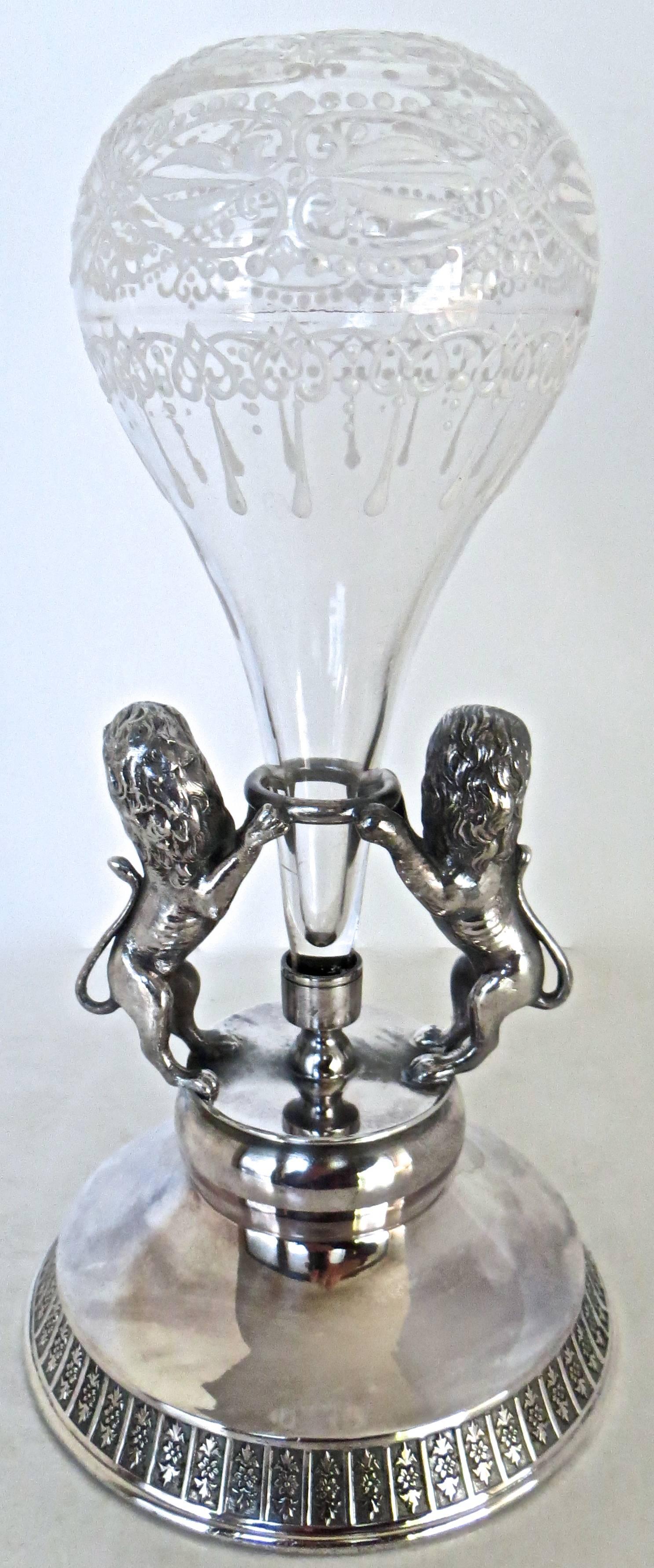 Victorian Pair of Passant Lions with Hot Air Balloon, Silver Plate Epergne, Meriden For Sale