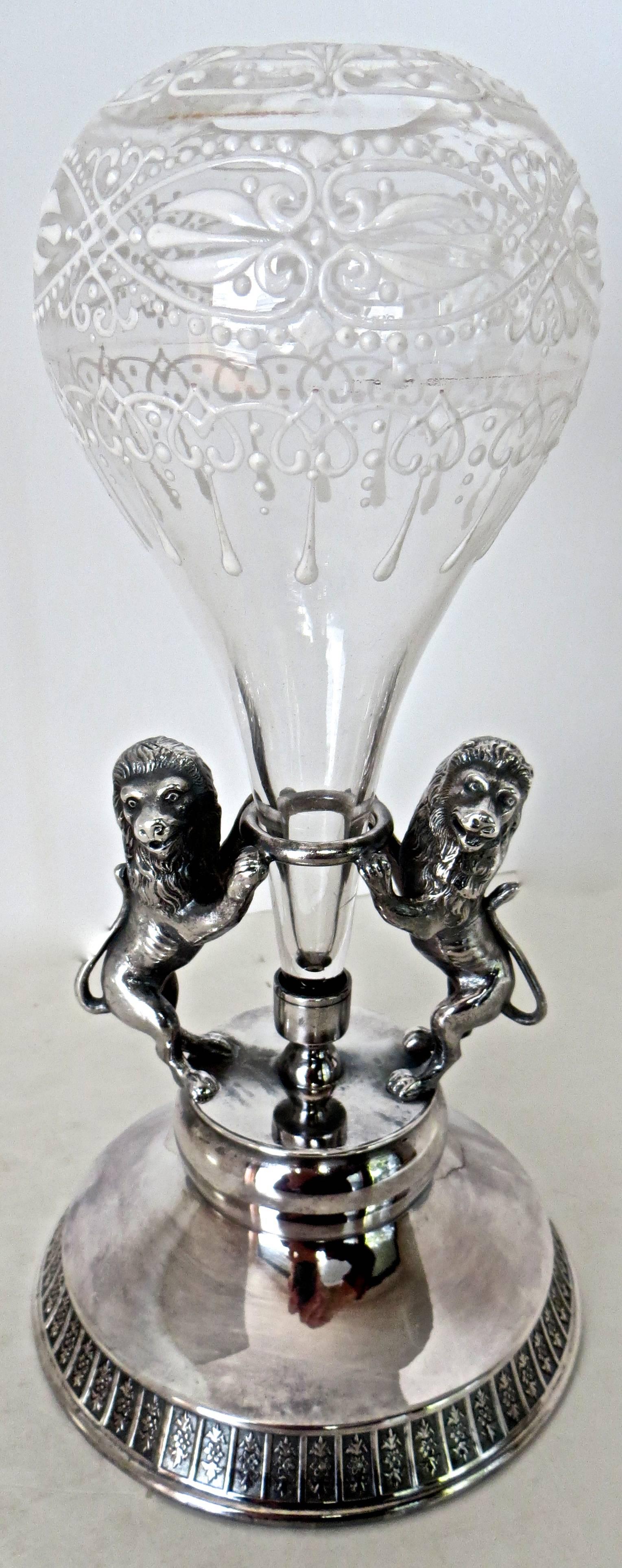 Late 19th Century Pair of Passant Lions with Hot Air Balloon, Silver Plate Epergne, Meriden For Sale