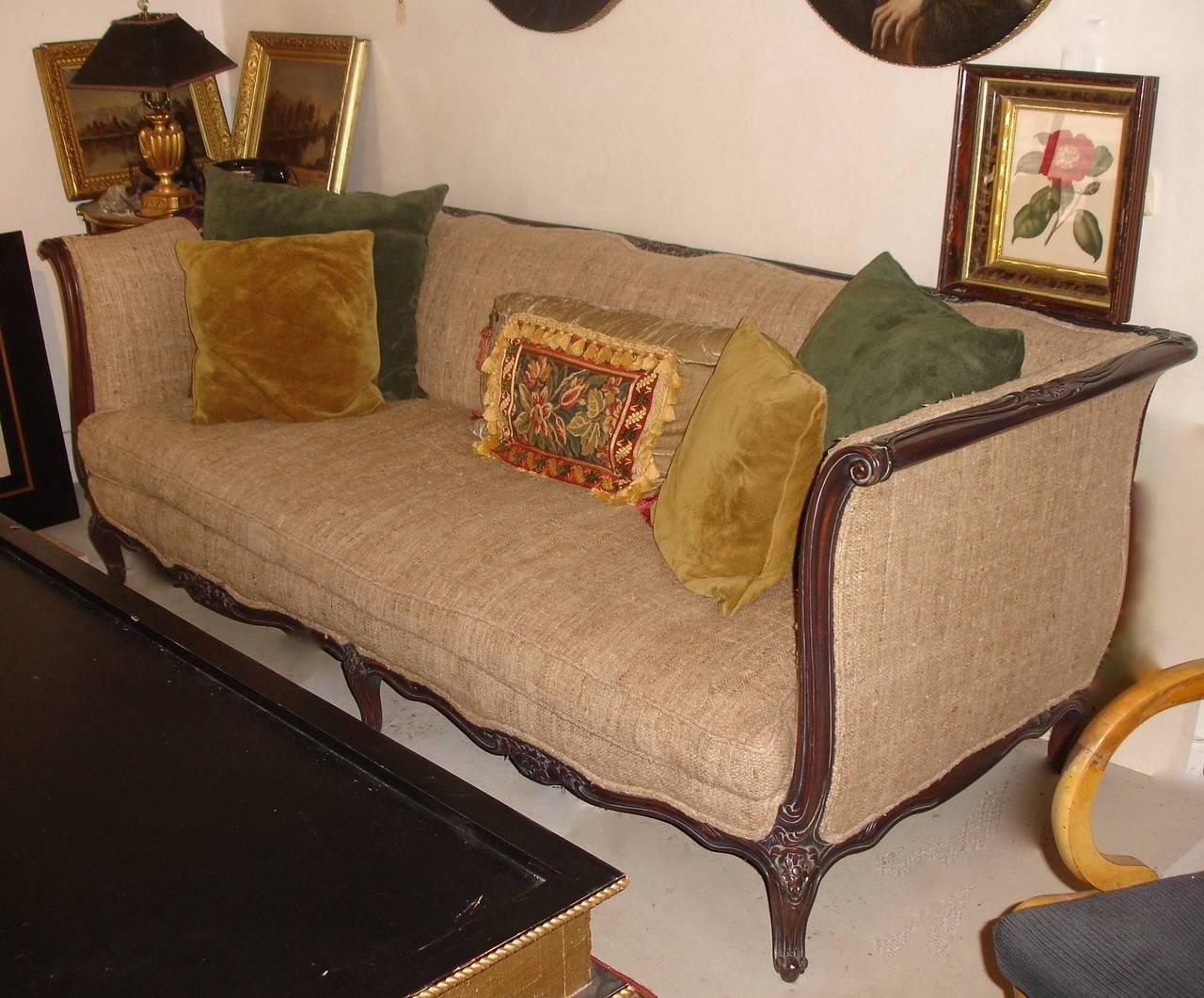 Carved Walnut Sofa Tussah Silk Upholstery with Provenance For Sale