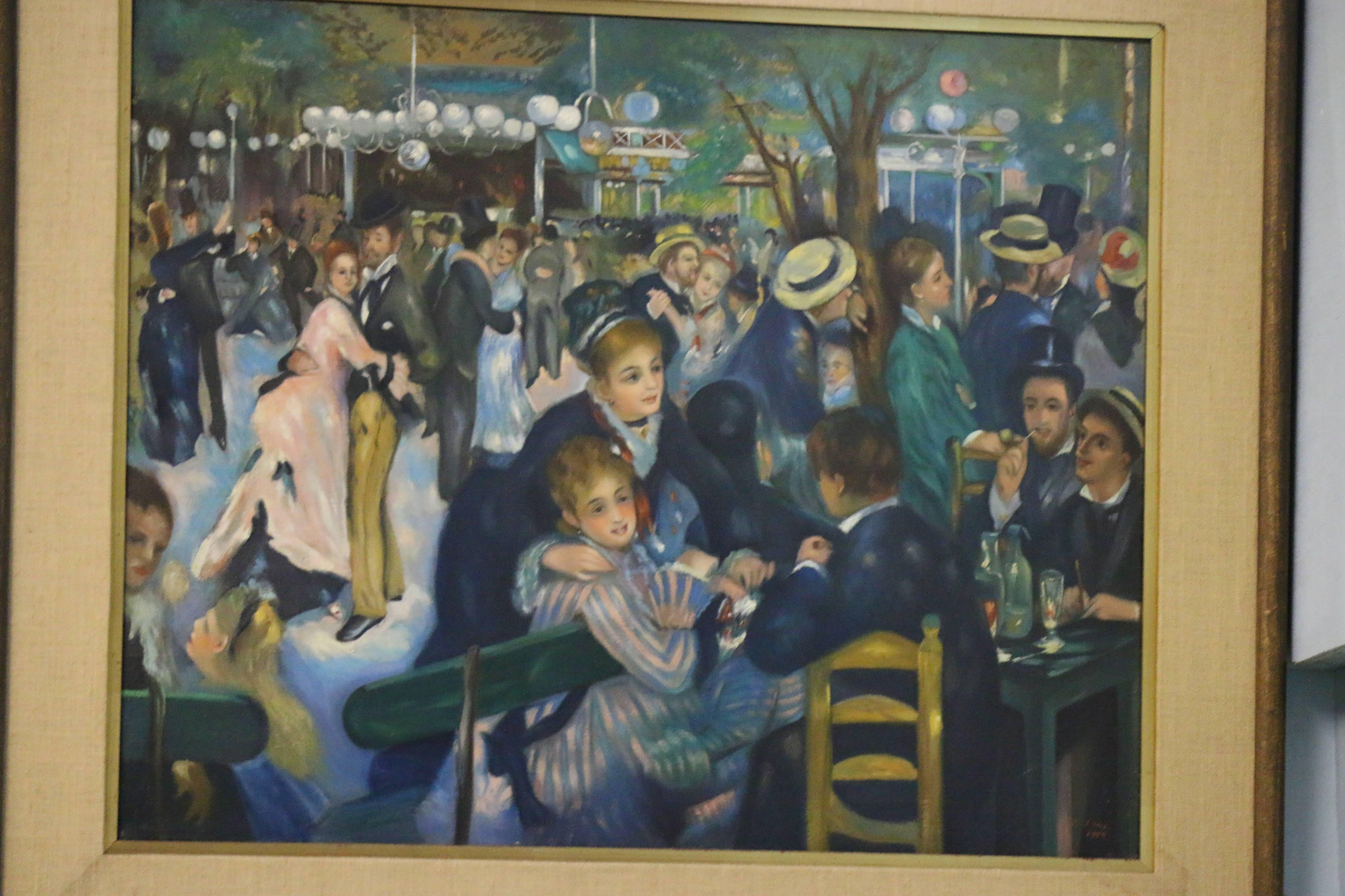 Linen Original Impressionist 'Boating Party' Oil Painting after Renoir, signed J. Sanz For Sale