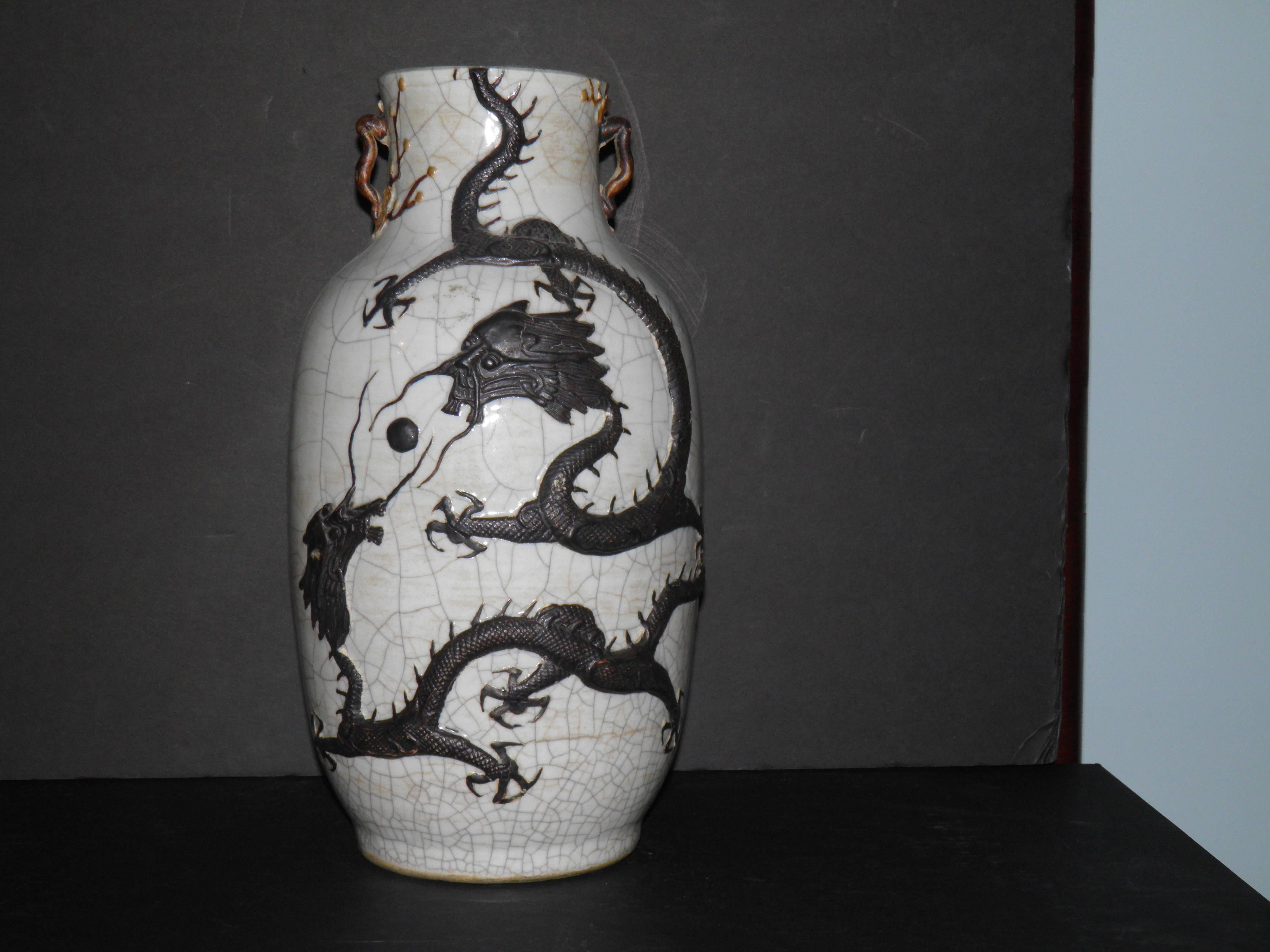 Qing circa 1875 Chinese Celadon Crackleware Dragon Baluster Vase with Provenance For Sale