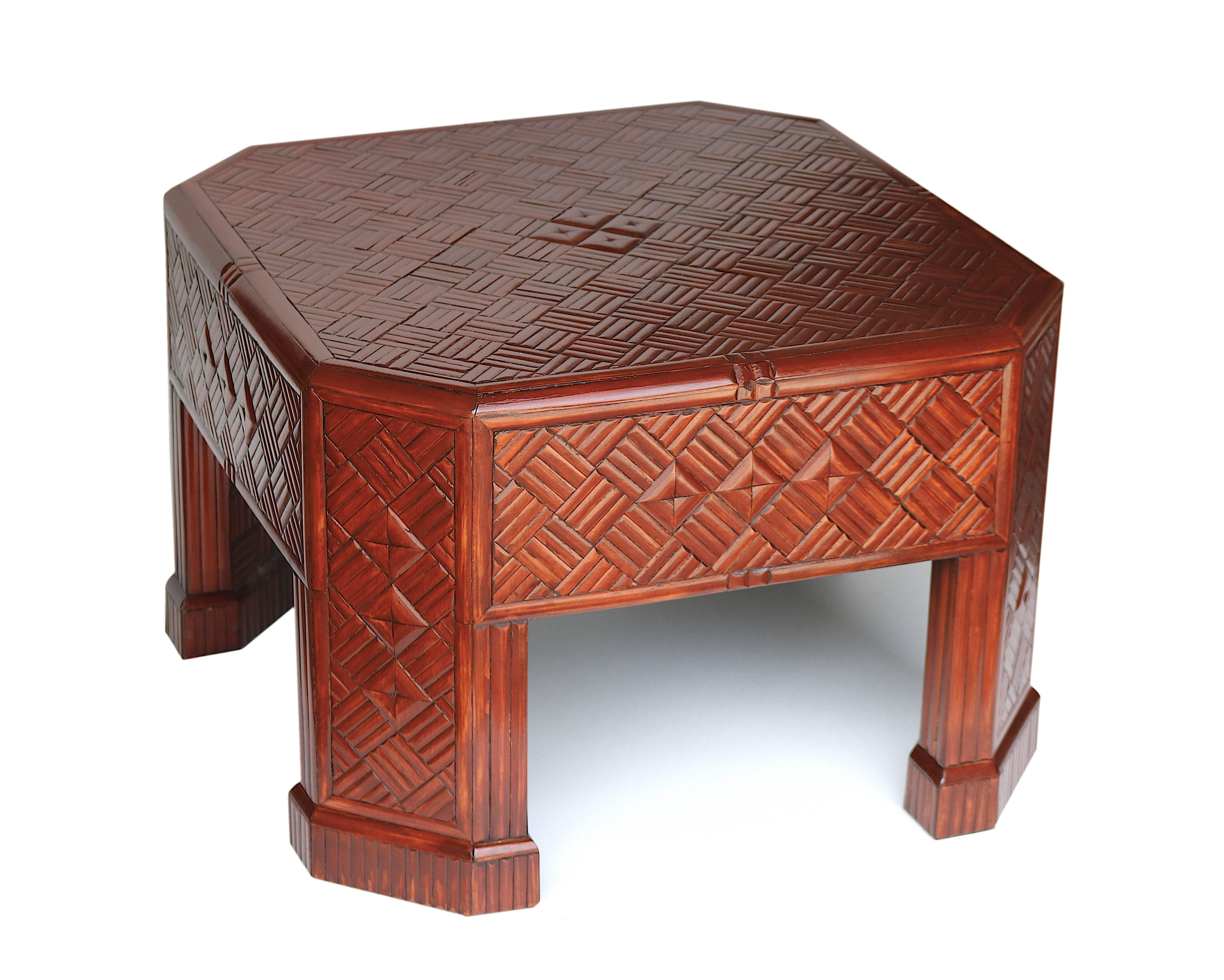 Unique great design cocktail table. Impeccably fabricated split bamboo patterned octagon shape cocktail coffee table with elegant diamond bamboo inlays set in diagonal basket weave pattern and molding trim on top, sides, legs and interior of legs.