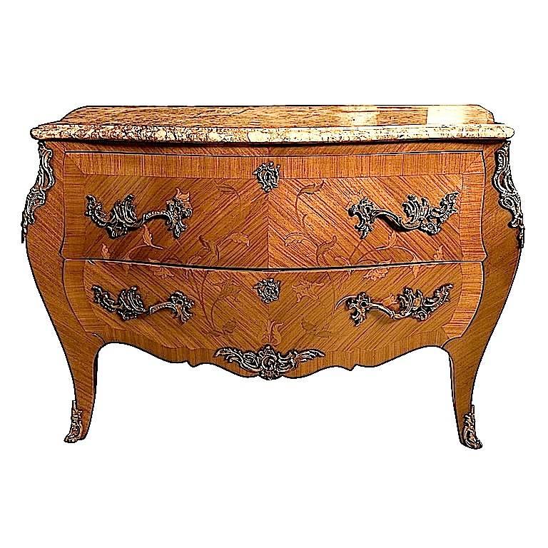French Louis XV Style Kingwood Floral Marquetry Commode Bombe Chest For Sale