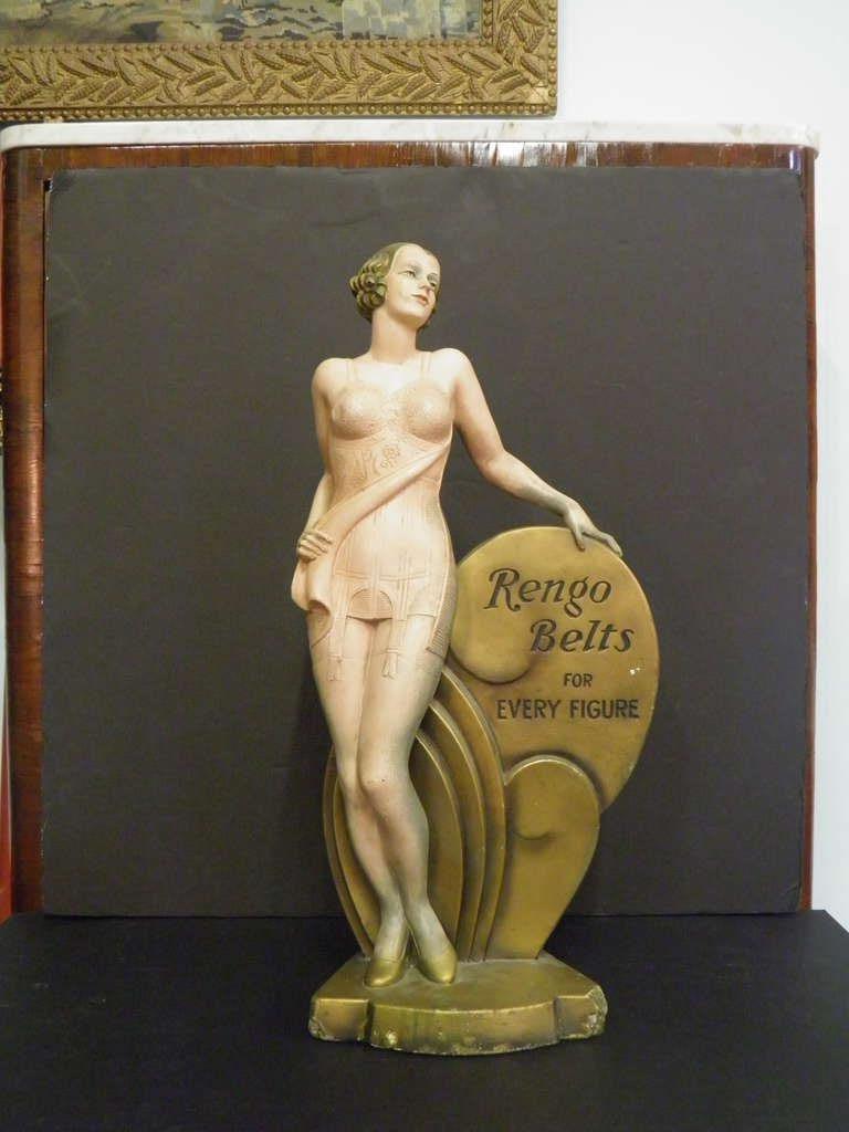 A Fantastic Rare Advertising Piece!
Large Vintage 1920s Art Deco polychrome plaster advertising lady in her 'Rengo Belts' corset. Folk Art-stunning beautifully detailed figure to add to your collection or adorn a pedestal. A rare fragile material