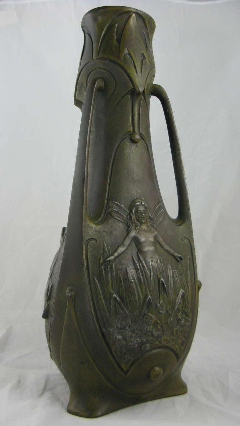 Repoussé circa 1898 Tycoon's Winged Fairies Art Nouveau Bronze Vase-  For Sale
