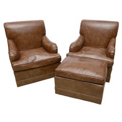 Vintage Glazed Leather Club Lounge Chairs and ottoman- Provenance