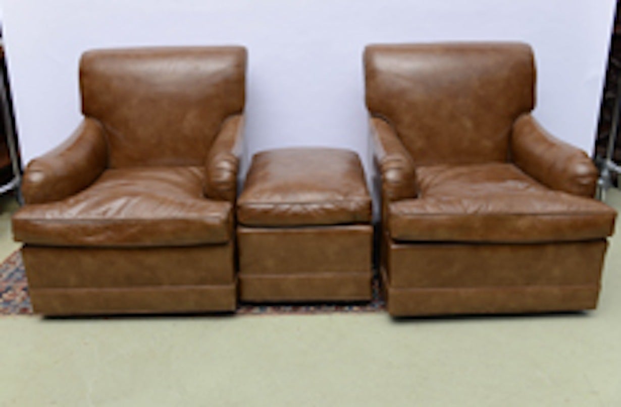 Glazed Leather Club Lounge Chairs and ottoman- Provenance 3