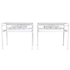 Salterini 1950s Pair Glass Top Side Tables- Greek Key Design