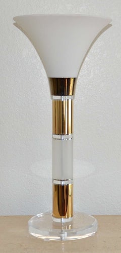 1960 MCM Lucite Table Torchiere Lamp, Frosted Glass Shade