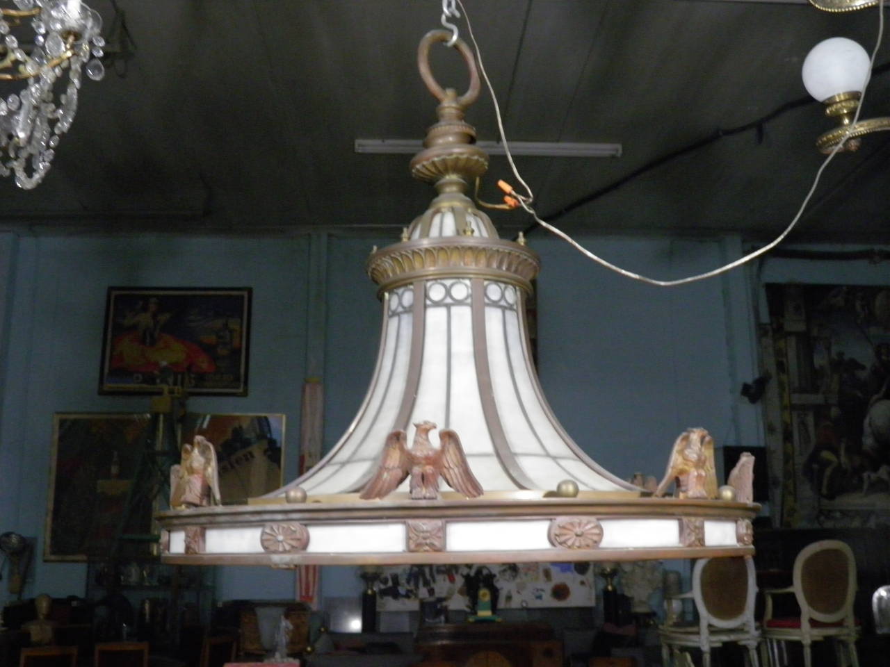 20th Century Caldwell Neoclassic Style Bronze Leaded Glass Light Fixture  For Sale