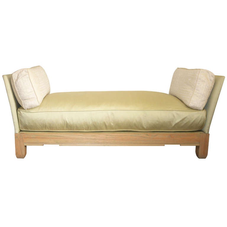 Sister Parish Luxe Chaise -Ceruse Oak, Celadon Silk, Trapunto Pillows- Provenance For Sale