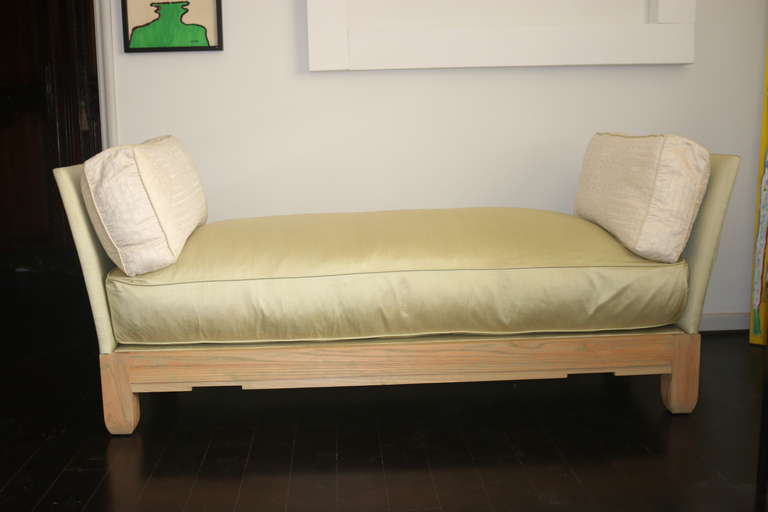 By a Socialite for a Socialite! 
This is famed Sister Parish/Albert Hadley custom one of a kind beautiful luxuriously comfortable chaise, daybed, bench- the lofty down and feather seat cushion is upholstered in a lustrous light celadon Scalamandre