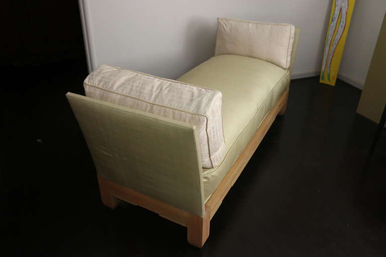 Modern Sister Parish Luxe Chaise -Ceruse Oak, Celadon Silk, Trapunto Pillows- Provenance For Sale