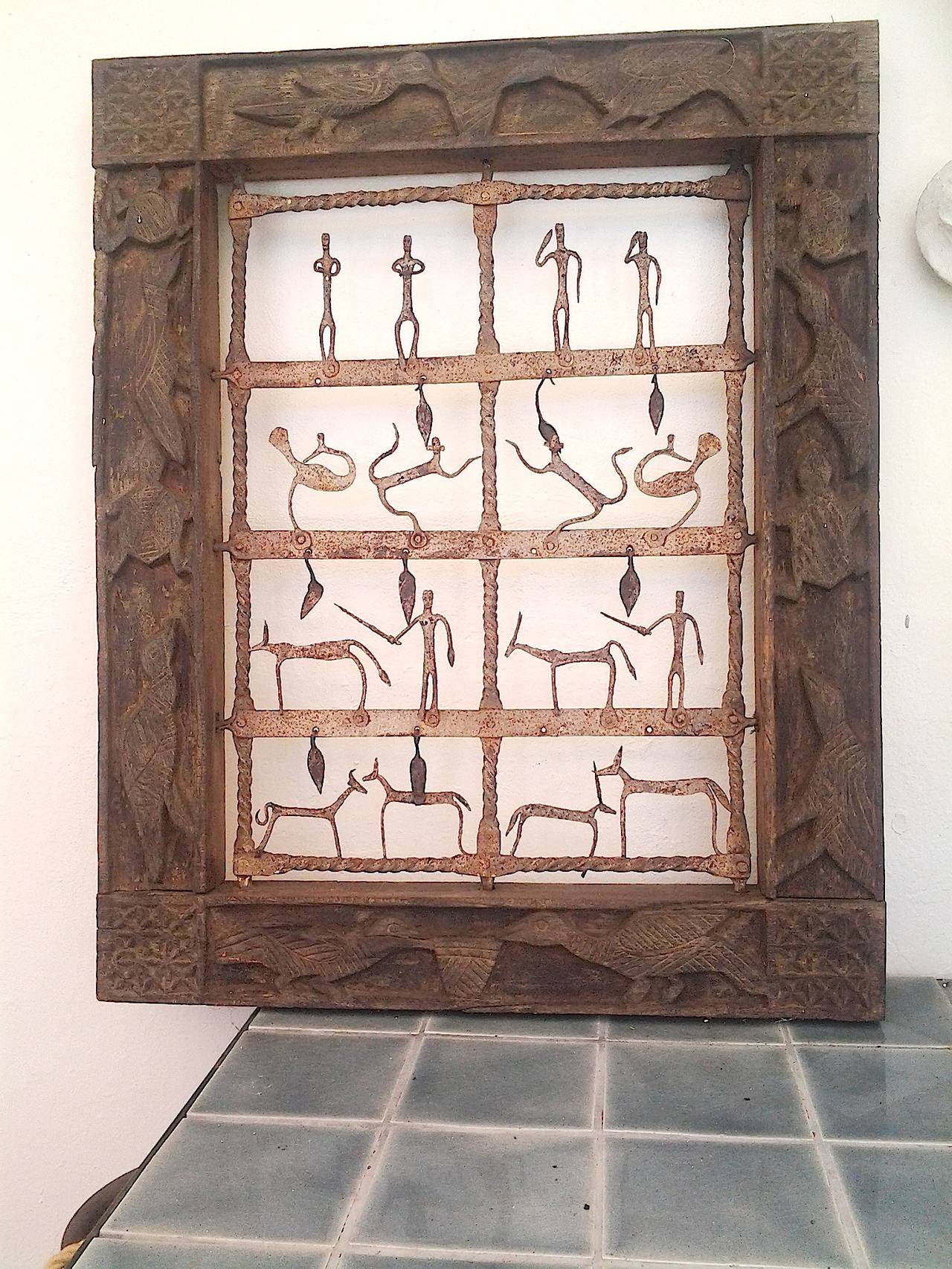 Indonesian Architectural Wood Carved Animals' Window' Wall Panels-Provenance For Sale