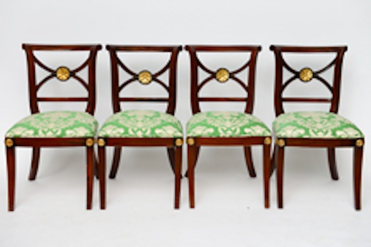 English Regency Klismos Dining Chairs, Highly Carved Gilt Details, 19th Century For Sale
