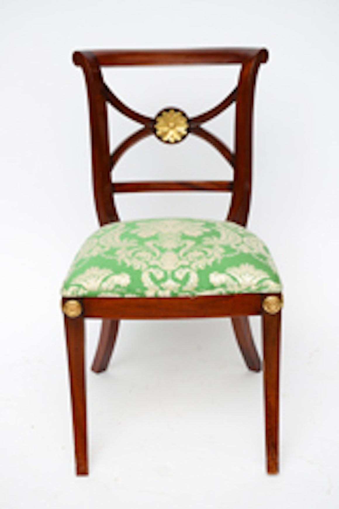 Mahogany Regency Klismos Dining Chairs, Highly Carved Gilt Details, 19th Century For Sale