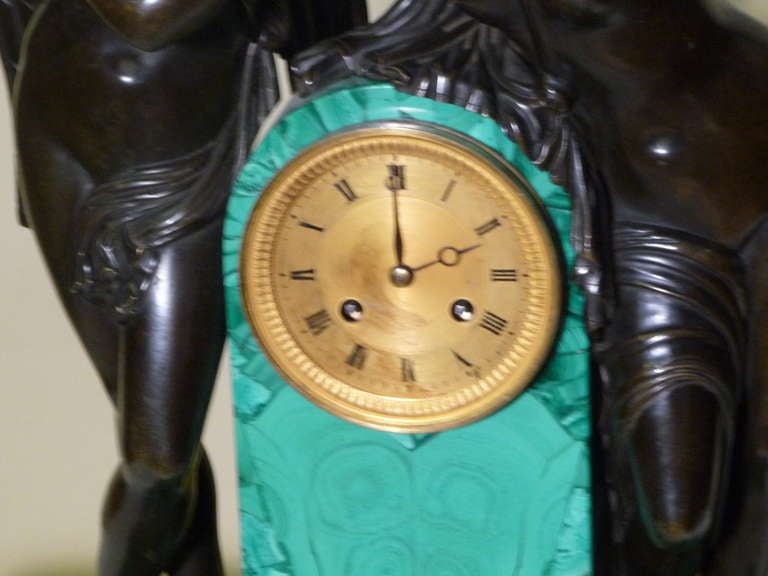 Tycoon's Russian, circa 1828, Empire Gilt Bronze Malachite Clock-Makers Mark In Good Condition For Sale In West Palm Beach, FL