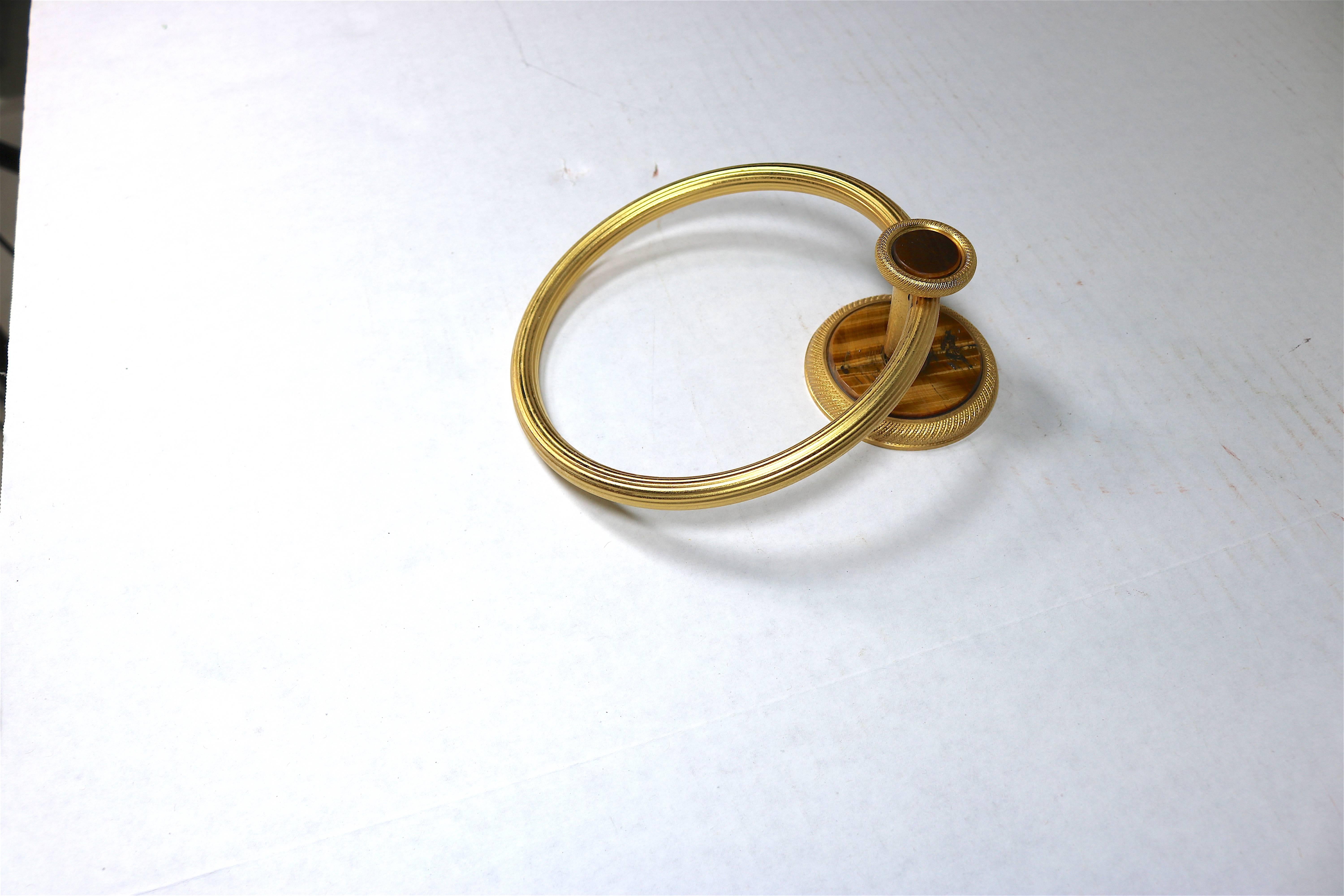 Neoclassical Vintage Sherle Wagner 22-Karat Gold Tiger Eye Gemstone, Pair of Towel Bath Rings For Sale