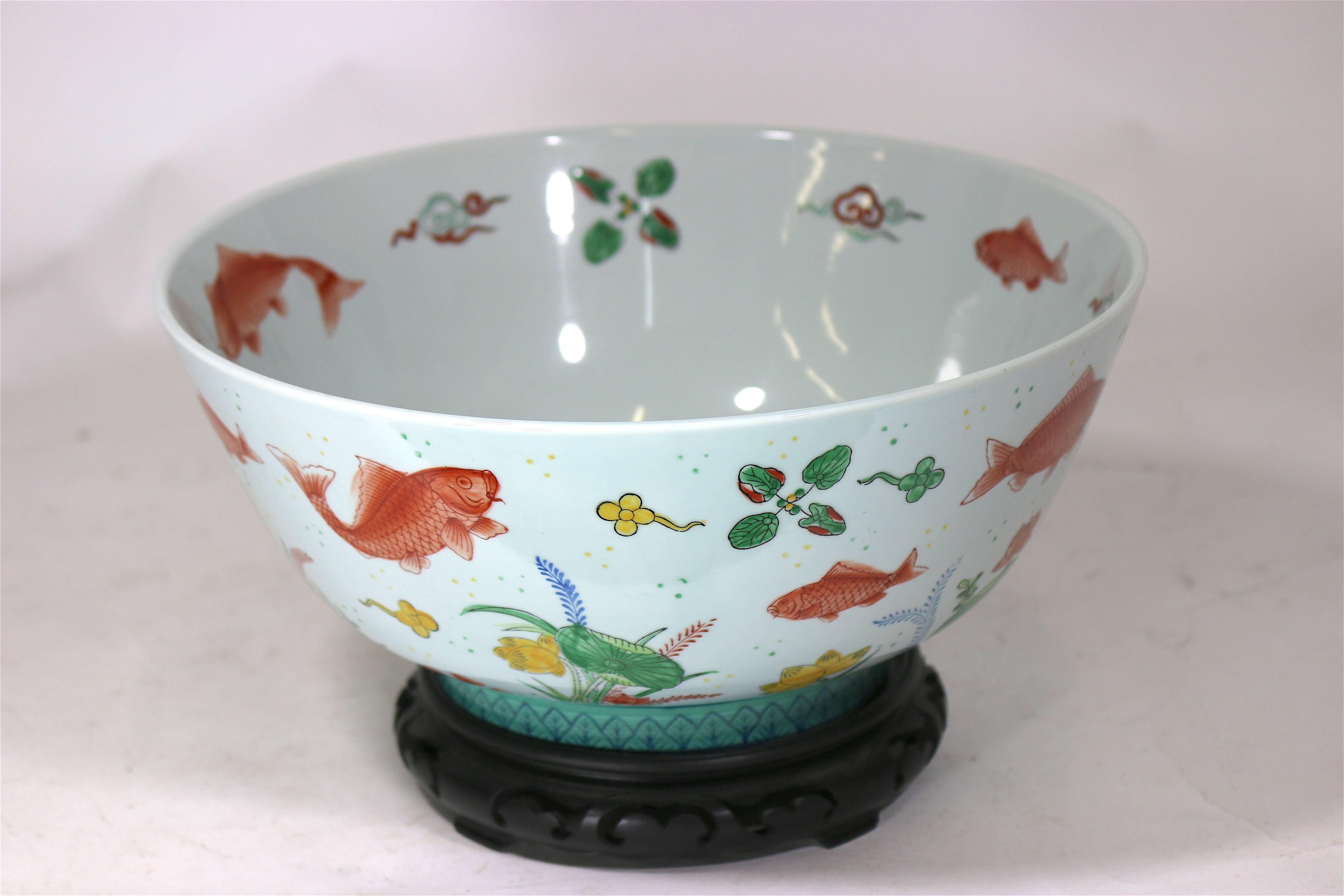 20th Century Large Centerpiece Hand-Painted Bowl- Floating Fish in Flora & Fauna