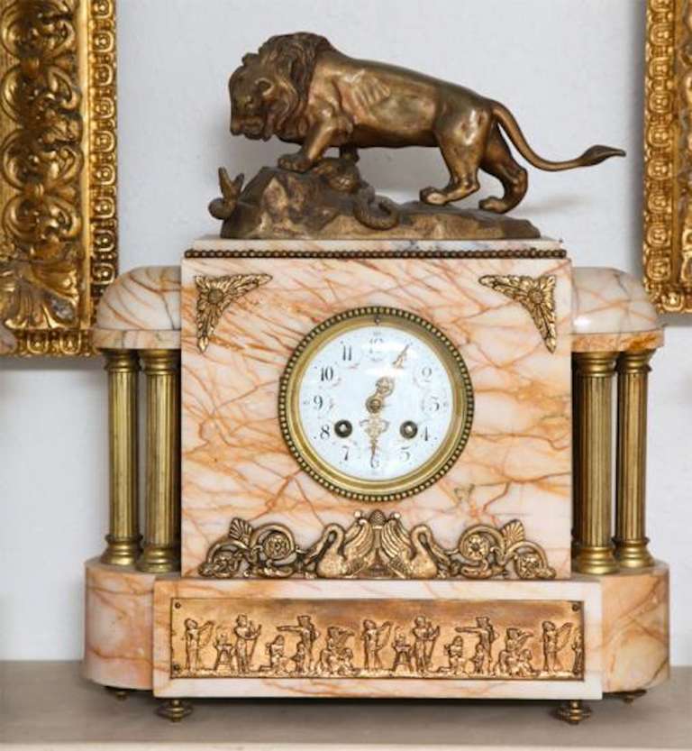 French Fine Egyptian Revival Onyx Doré Bronze Clock and Garnitures after Bayre For Sale