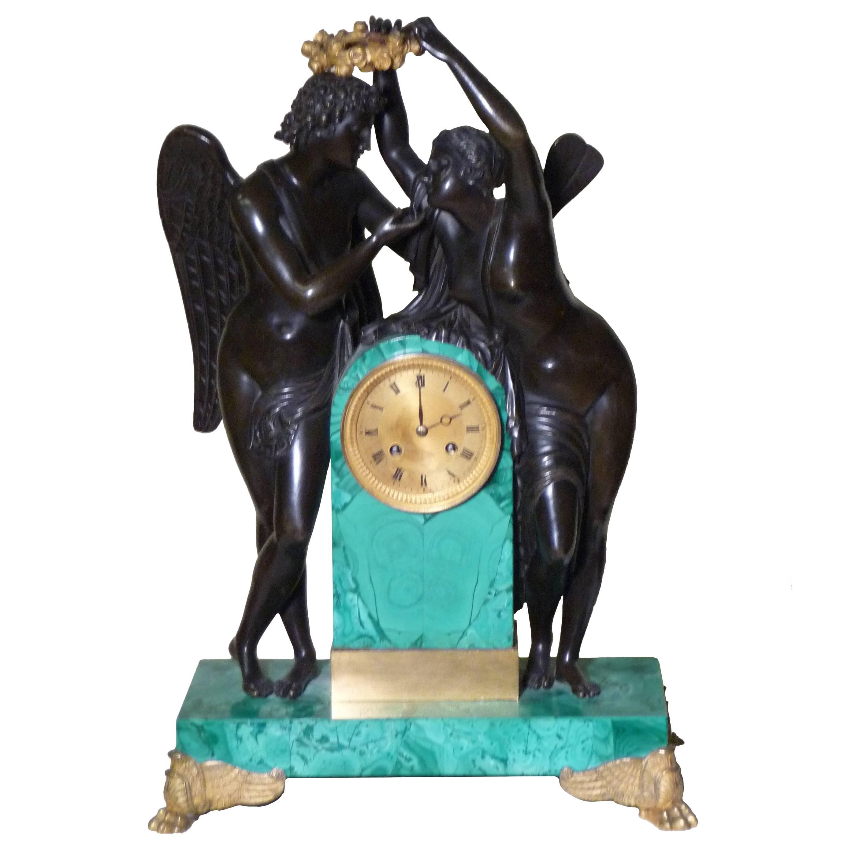 Superb Russian Empire Gilt Bronze Malachite Clock-Makers Mark-Proven, circa 1828 For Sale