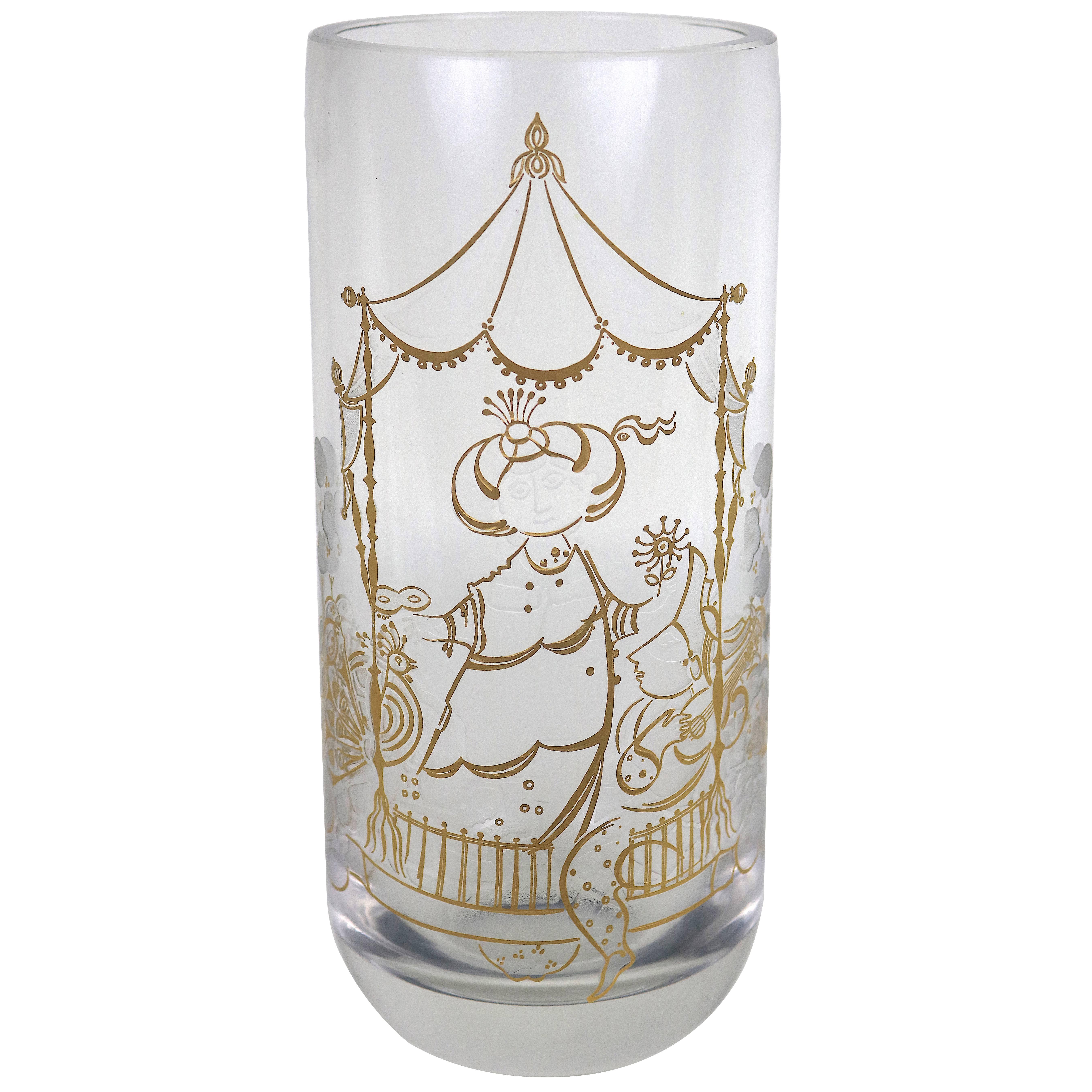 Mid-Century Modern Bjorn Wiinblad Rosenthal Crystal Vase 22K Etched Gold Commedia Dell'Arte, Signed For Sale