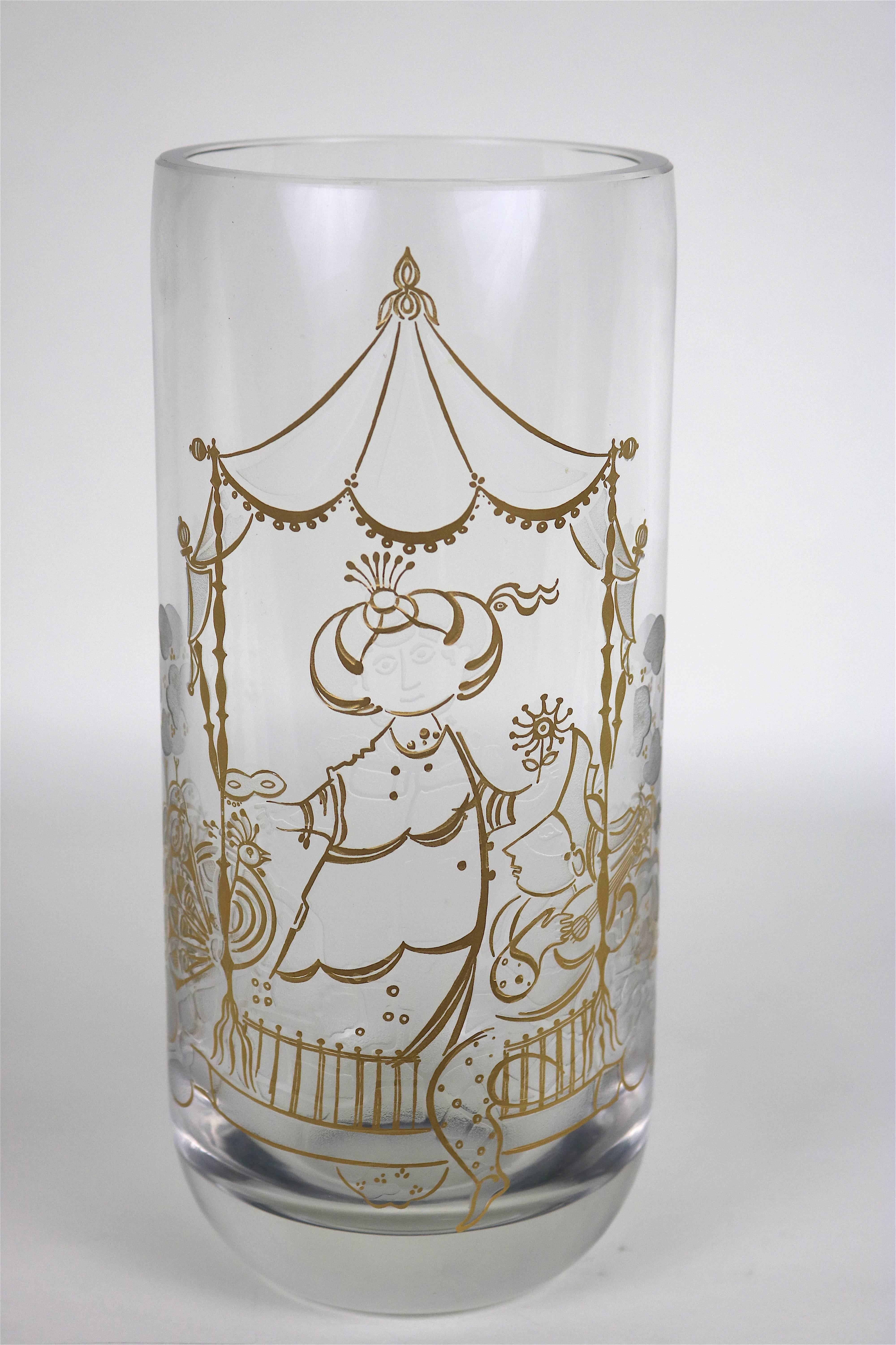 Bjorn Wiinblad Rosenthal Crystal Vase 22K Etched Gold Commedia Dell'Arte, Signed In Good Condition For Sale In West Palm Beach, FL