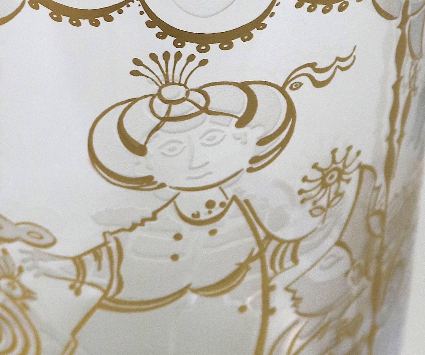 20th Century Bjorn Wiinblad Rosenthal Crystal Vase 22K Etched Gold Commedia Dell'Arte, Signed For Sale