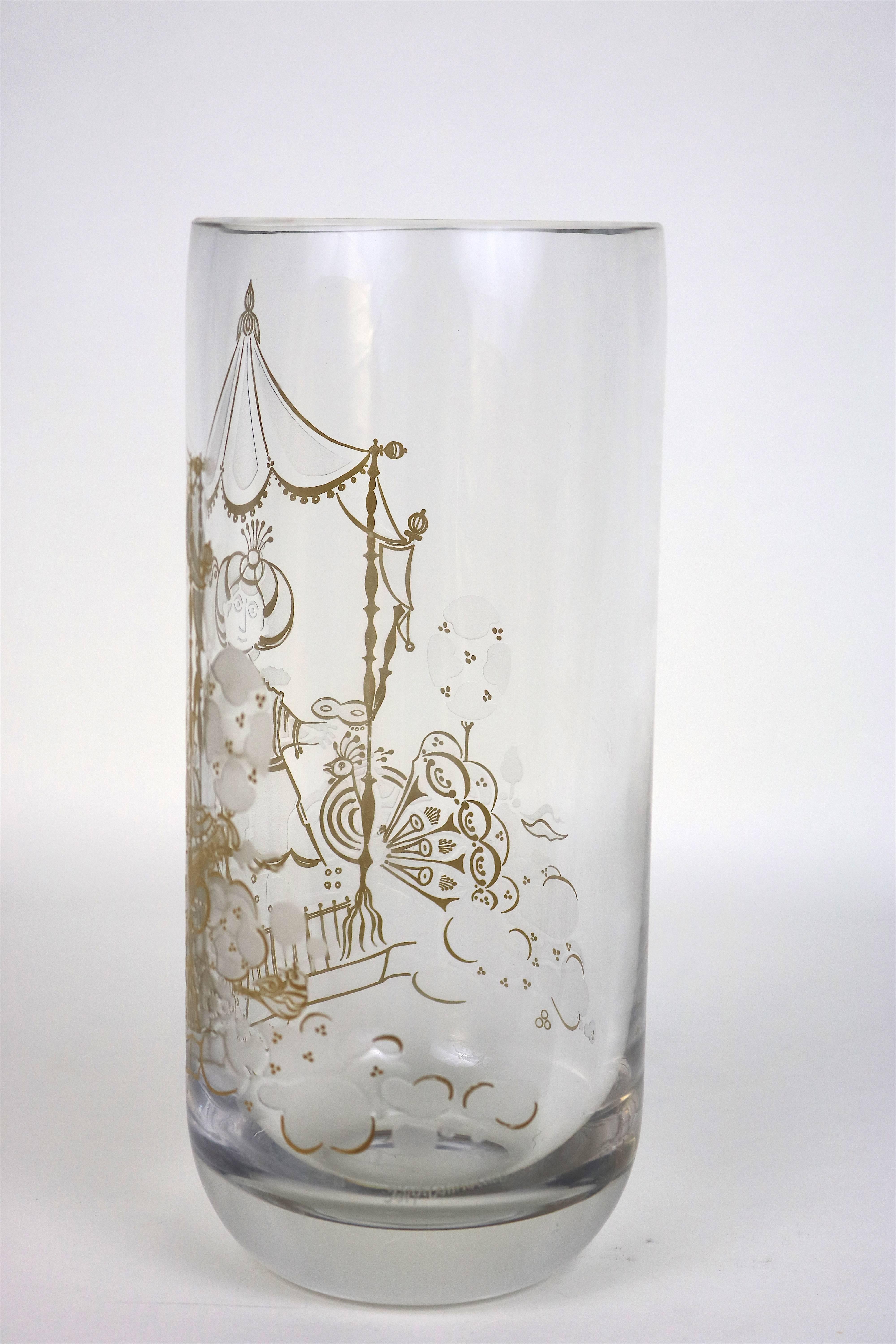 Bjorn Wiinblad Rosenthal Crystal Vase 22K Etched Gold Commedia Dell'Arte, Signed For Sale 1