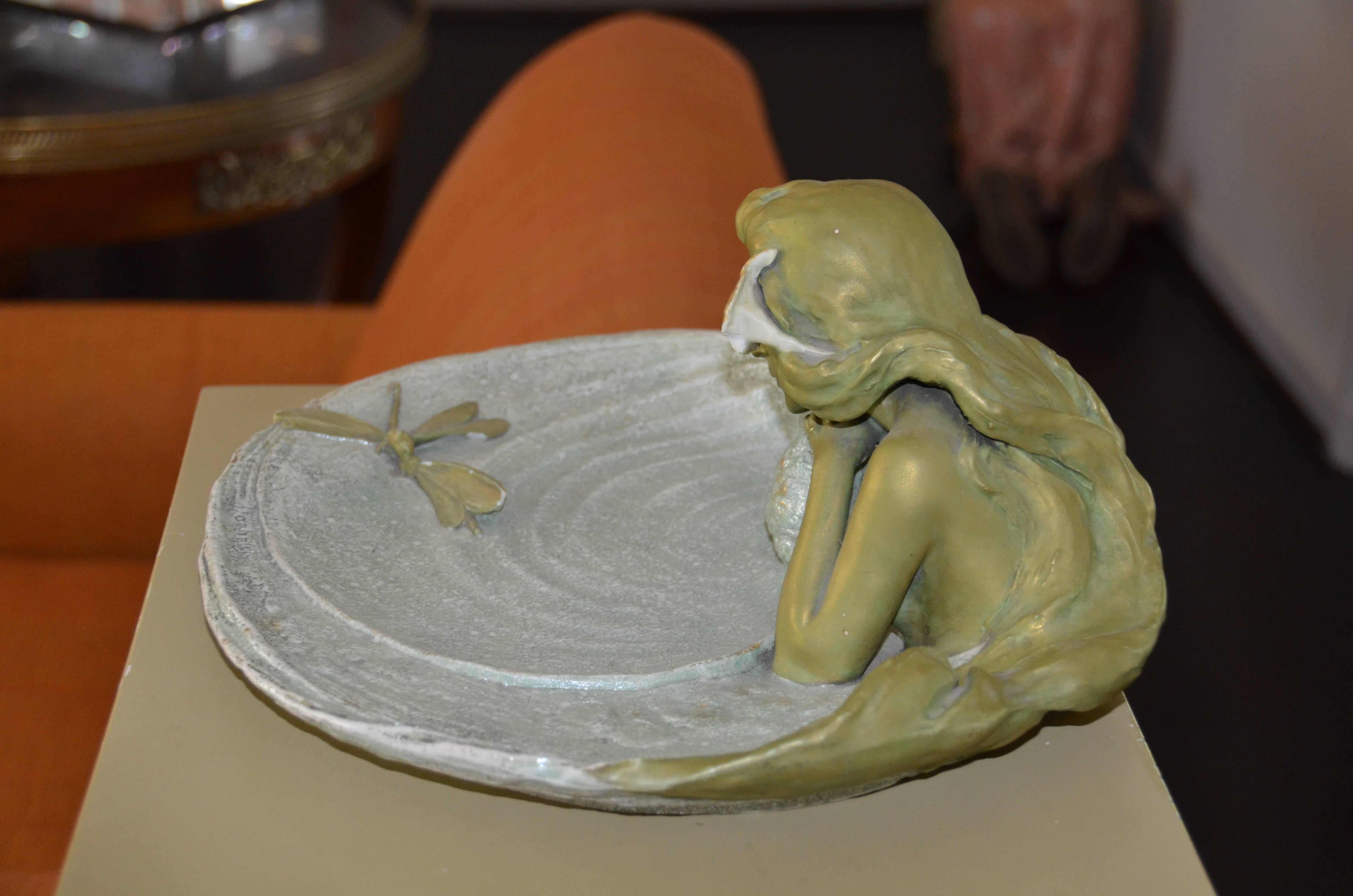 19th Century Art Nouveau Nymph Dragonfly Ceramic Iridescent Art Platter circa 1890 Signed For Sale