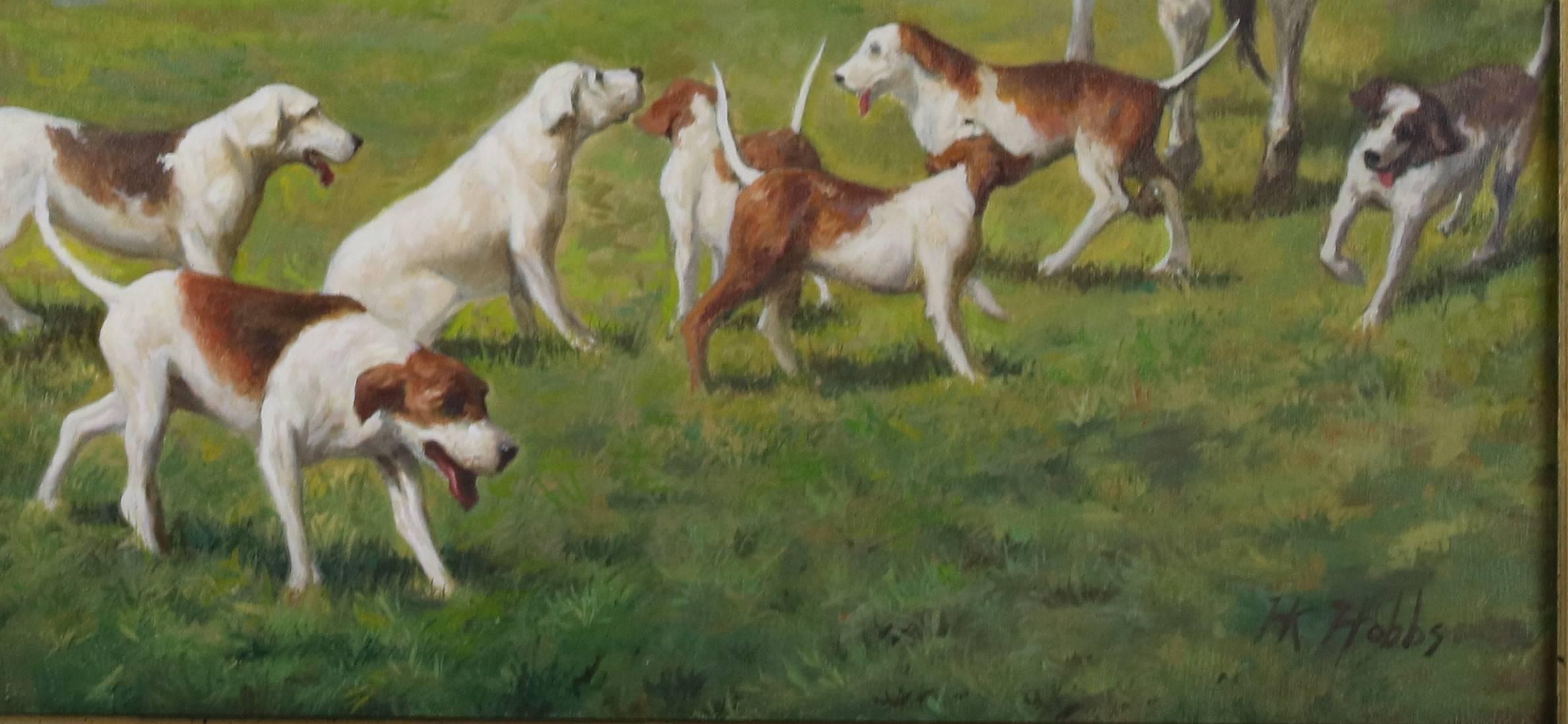 A Classic well executed oil painting of the fox hunt in the lush English countryside in the manner of the fine hunt sporting painters- Thoroughbred horses with beautiful frisky hounds, followed by four proper English gentlemen or woman riders- by HK