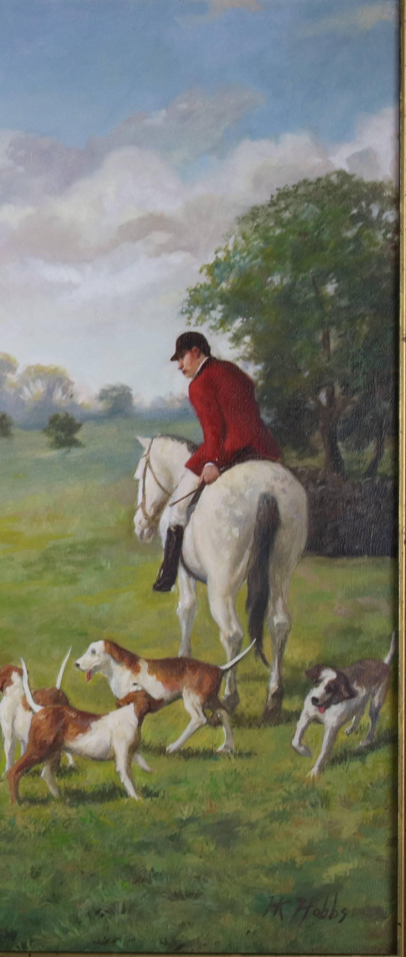 Fox Hunt English Sporting Oil on Canvas Signed HK Hobbs In Good Condition For Sale In West Palm Beach, FL