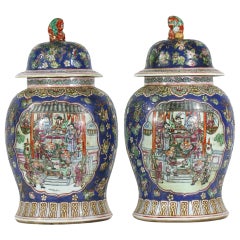 Pair of Large Chinese Porcelain Cobalt Covered Ginger Jars with Foo Dog