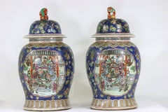 Pair of Large Chinese Porcelain Cobalt Covered Ginger Jars with Foo Dog