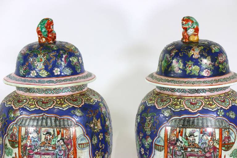 Hand-Painted Pair of Large Chinese Porcelain Cobalt Covered Ginger Jars with Foo Dog For Sale