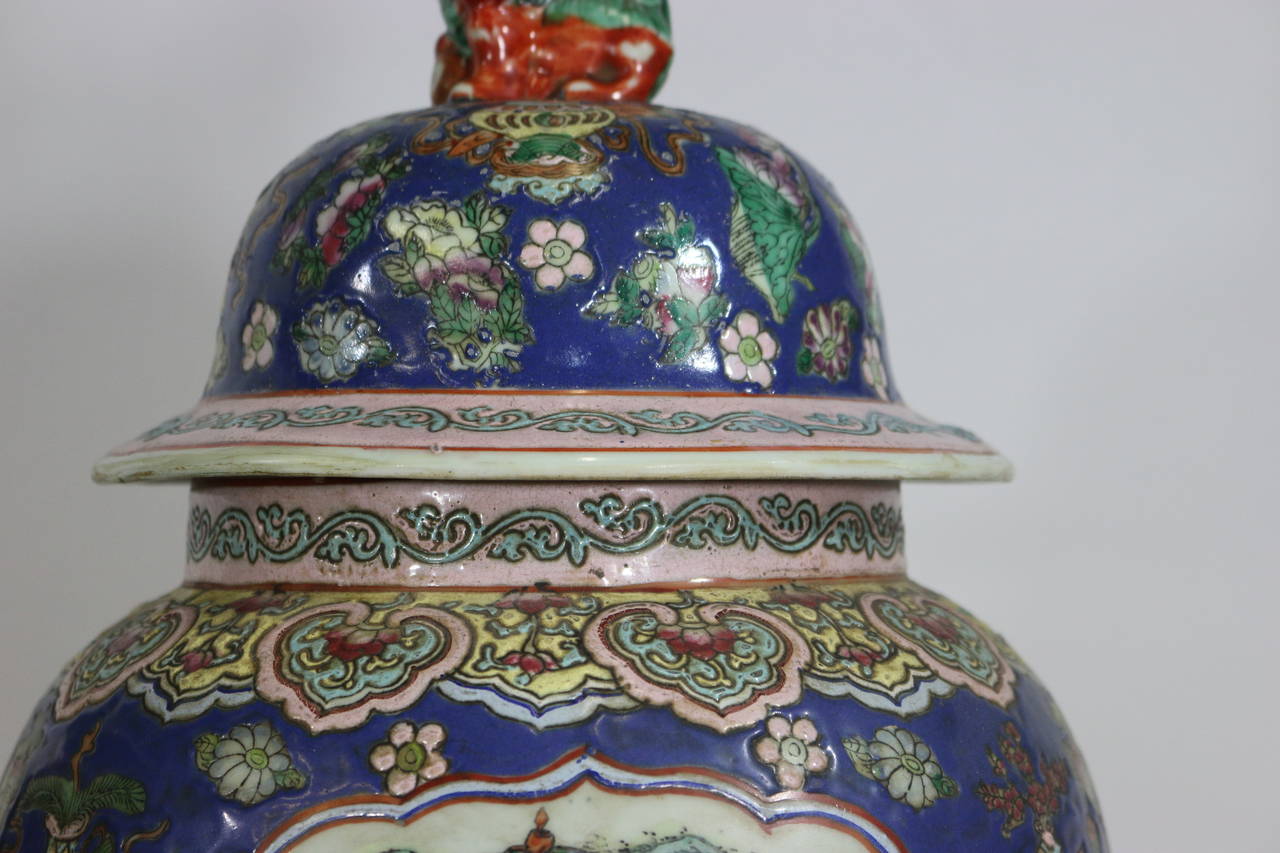 Pair of Large Chinese Porcelain Cobalt Covered Ginger Jars with Foo Dog For Sale 1