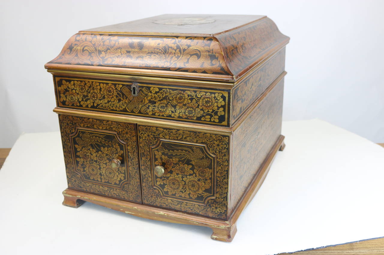 Wonderful 19th century Anglo Indian painted chinoiserie elaborate box, chest, side table- black background with gold and black design, all hand applied elaborate pen work on white wood sycamore box with a quite beautiful shape.
This is one of the