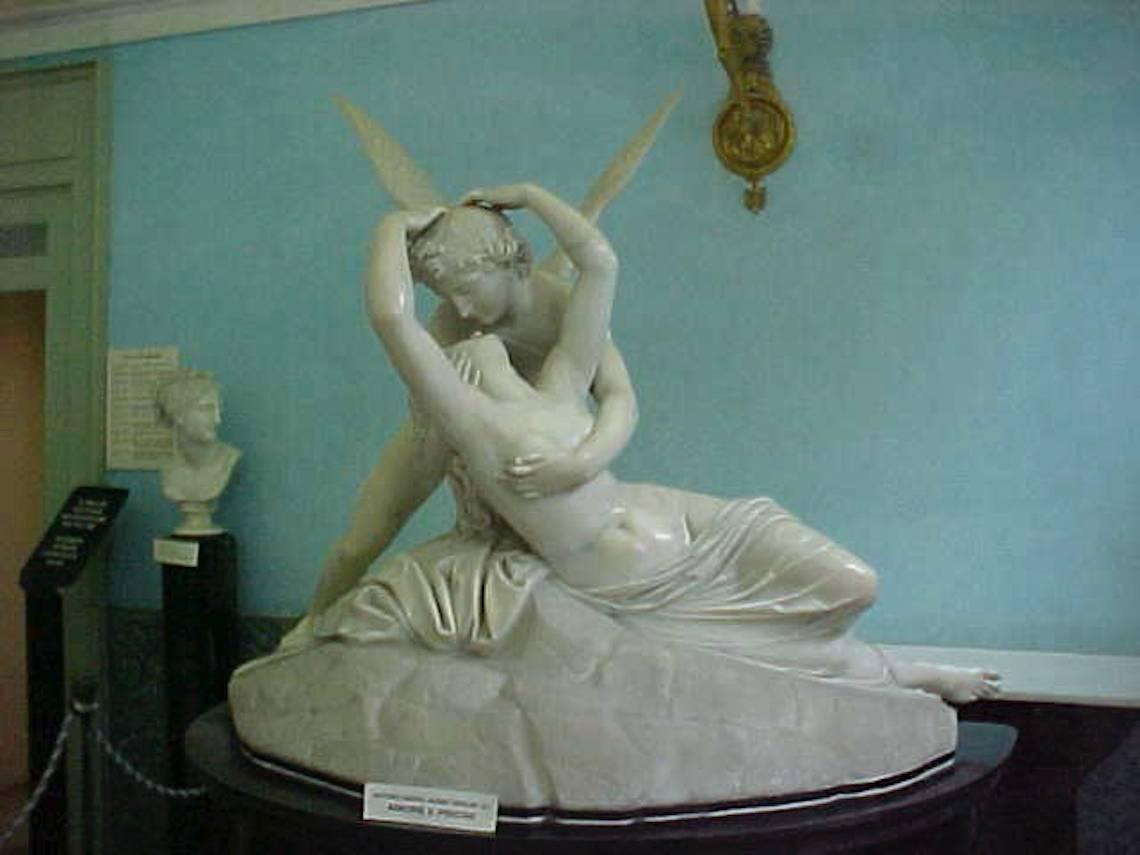 Statuary Marble Palatial Marble Sculpture By Barzanti.  'Cupid's Kiss' on Marble Pedestal For Sale