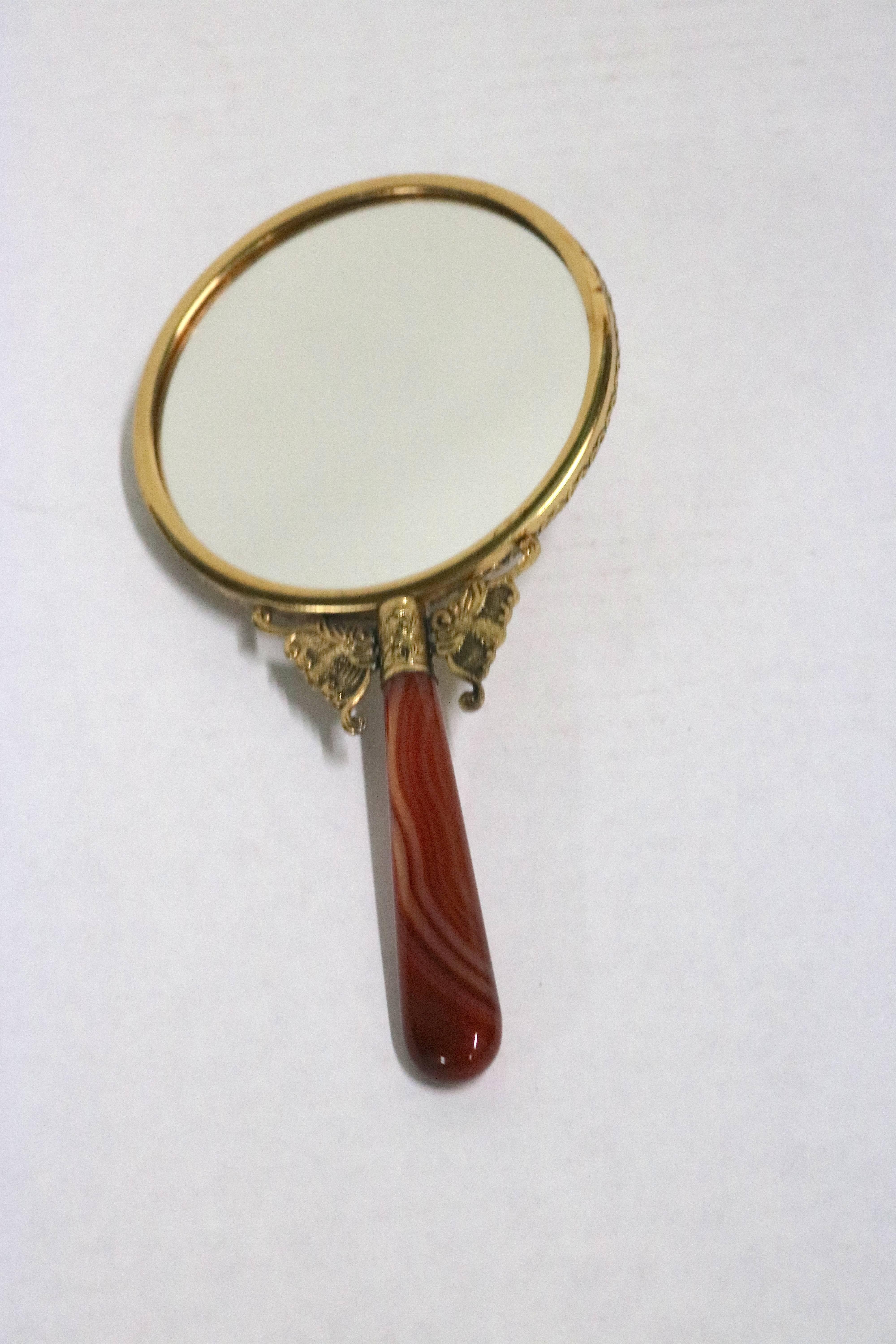 Aesthetic Movement Lovely Gilt Metal Hand Mirror with Semi Precious Stone Inlay For Sale