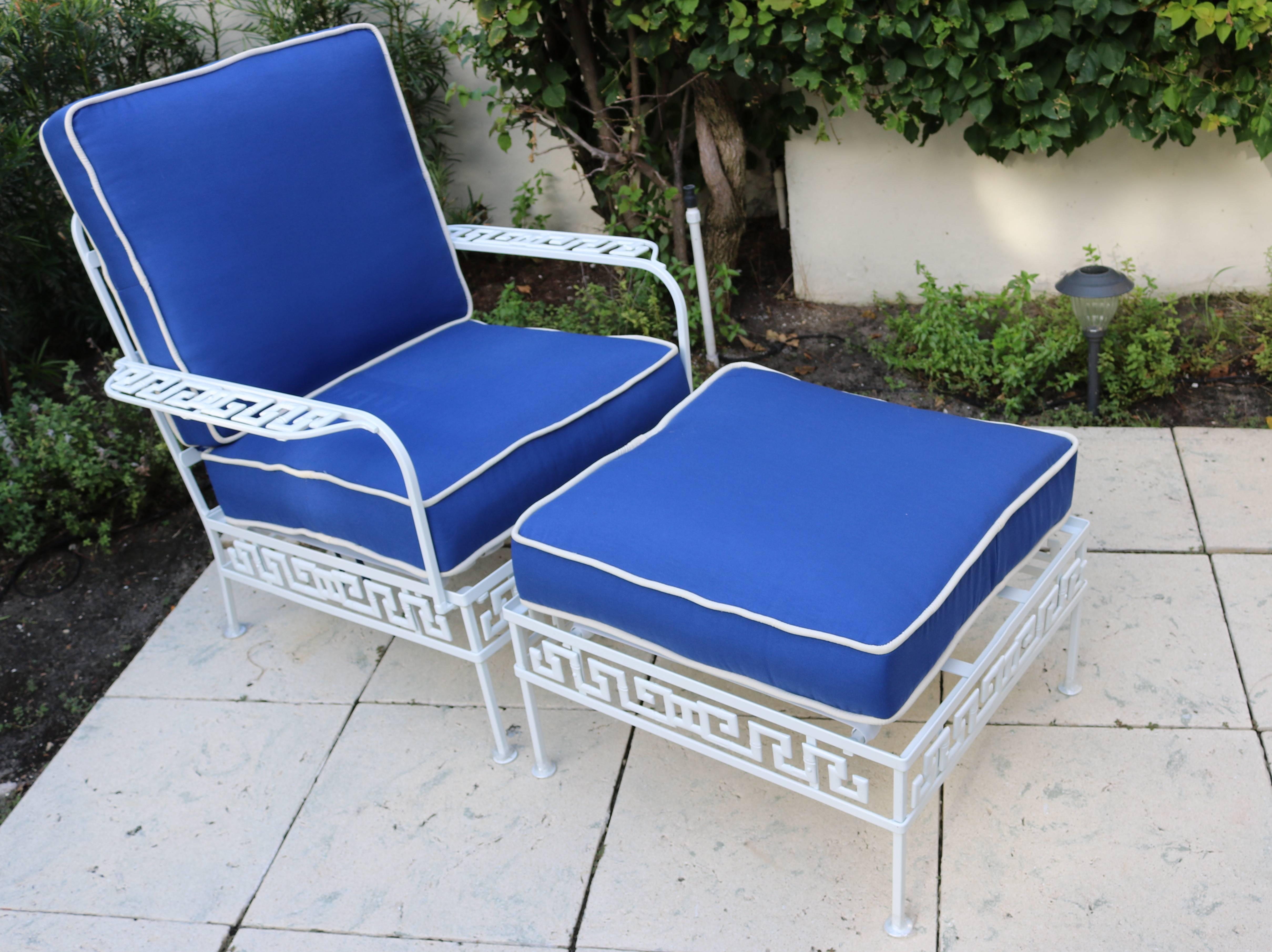 Mid-Century Modern Hollywood Regency Salterini Aluminum in Greek key design lounge chair and ottoman. Totally Restored.
 New stylish seat and back Cushions with welt trim  and the aluminum is Newly White Powder coated. Great style for your outdoors
