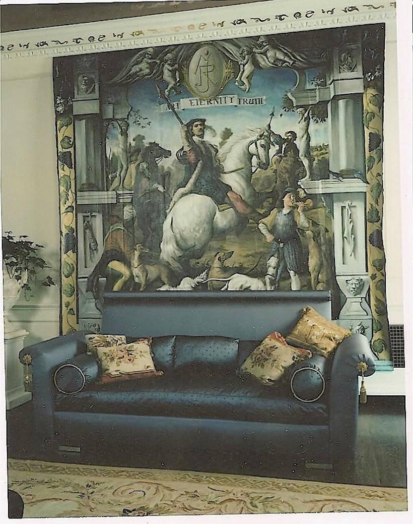 Hollywood Regency Chic Vintage Designer Detailed ‘St. Laurent’ Custom Sofa in Cobalt Bergamo Silk For Sale