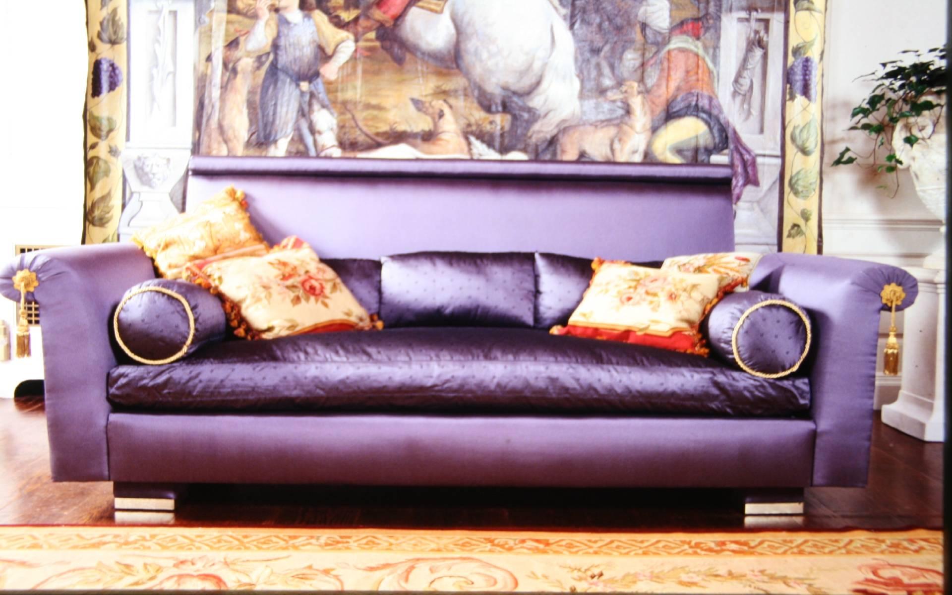 Down Chic Vintage Designer Detailed ‘St. Laurent’ Custom Sofa in Cobalt Bergamo Silk For Sale