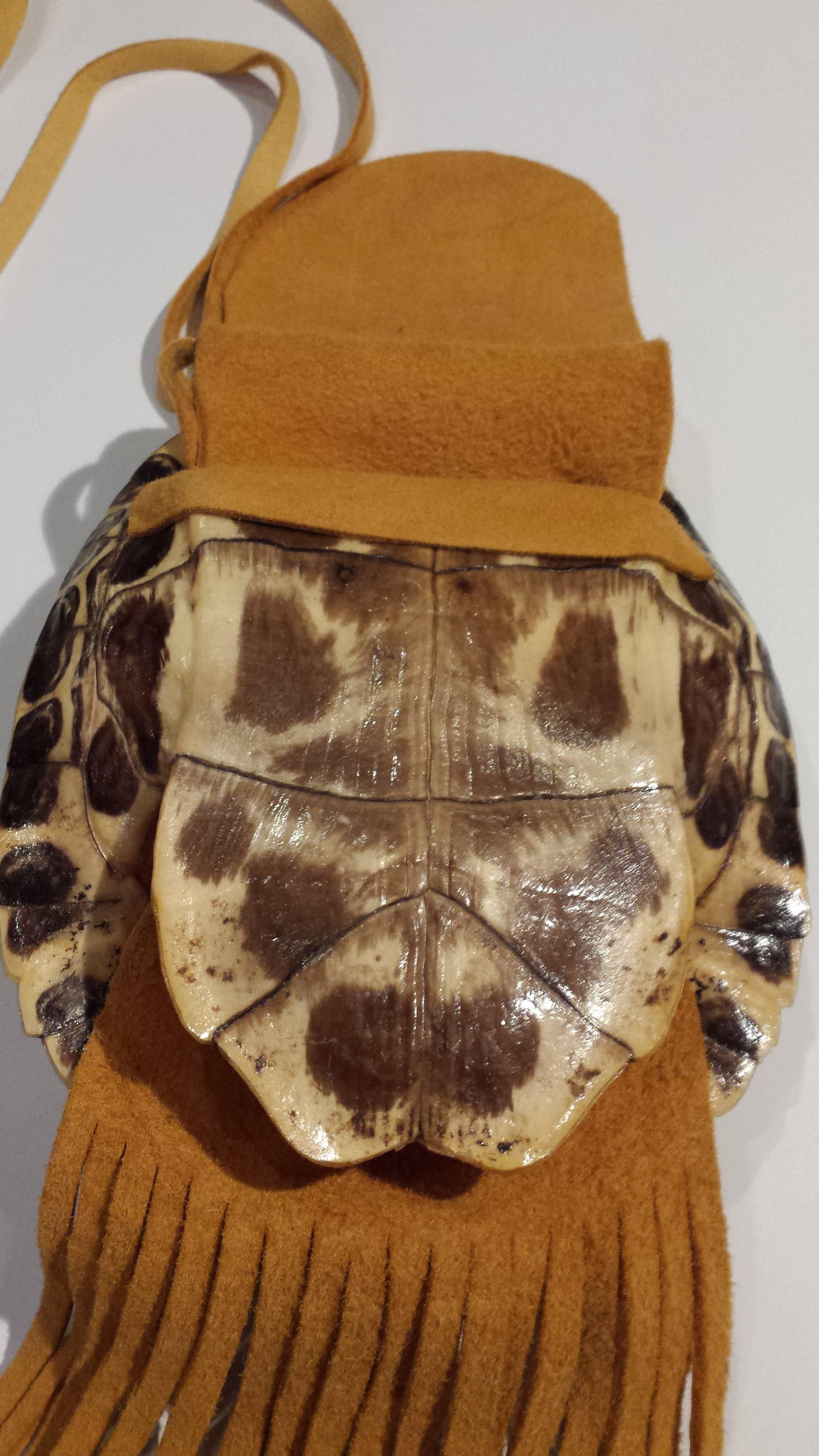 Tribal American Indian Specimen Tortoise Shell Suede Artisan Shoulder Handbag For Sale