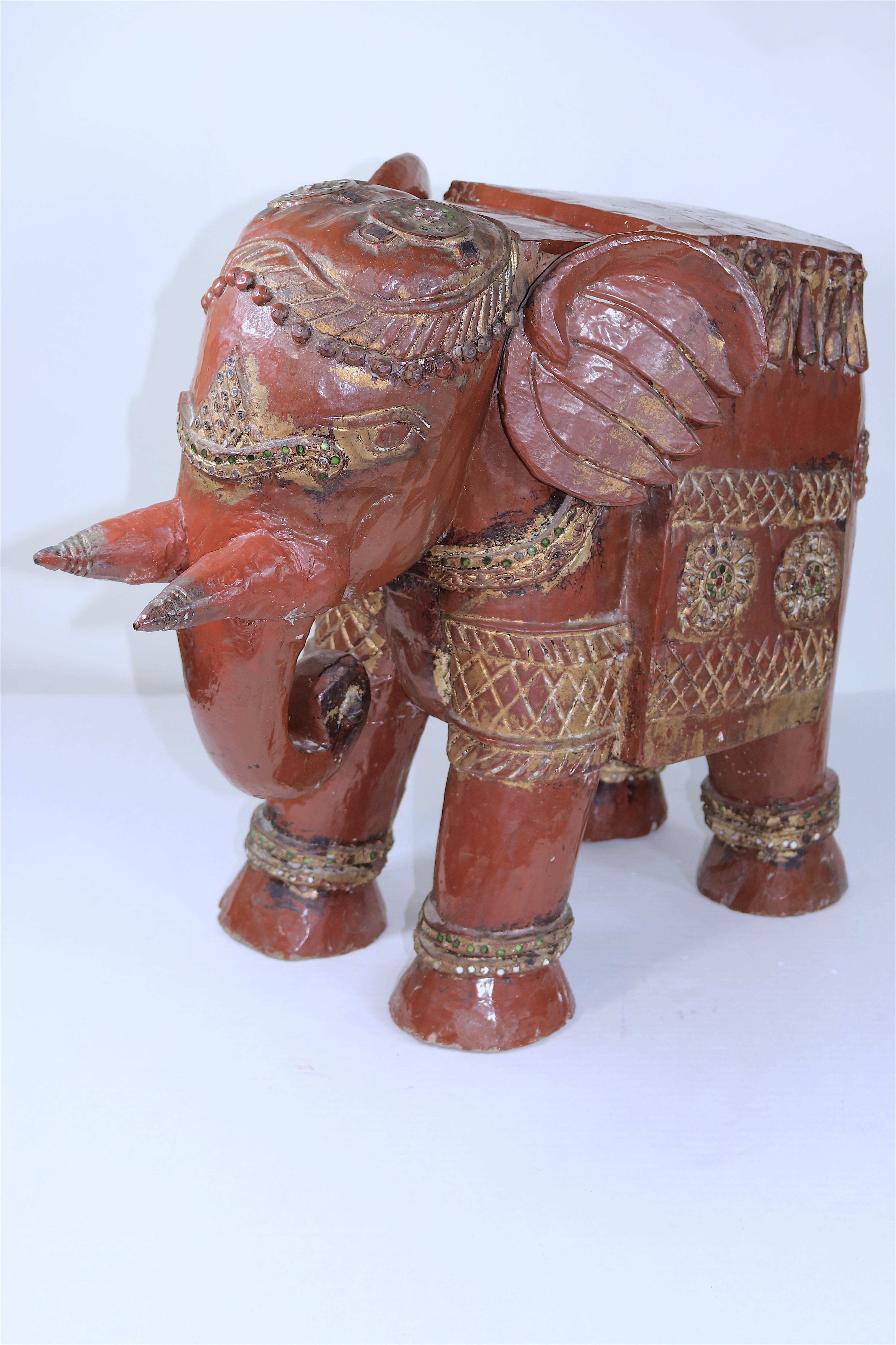 Lacquer Indian Oxblood Teak Carved Elephant Seats, Side Tables   19th Century