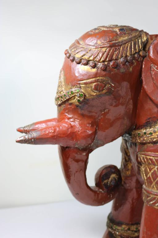 Indian Oxblood Teak Carved Elephant Seats, Side Tables 19th Century at