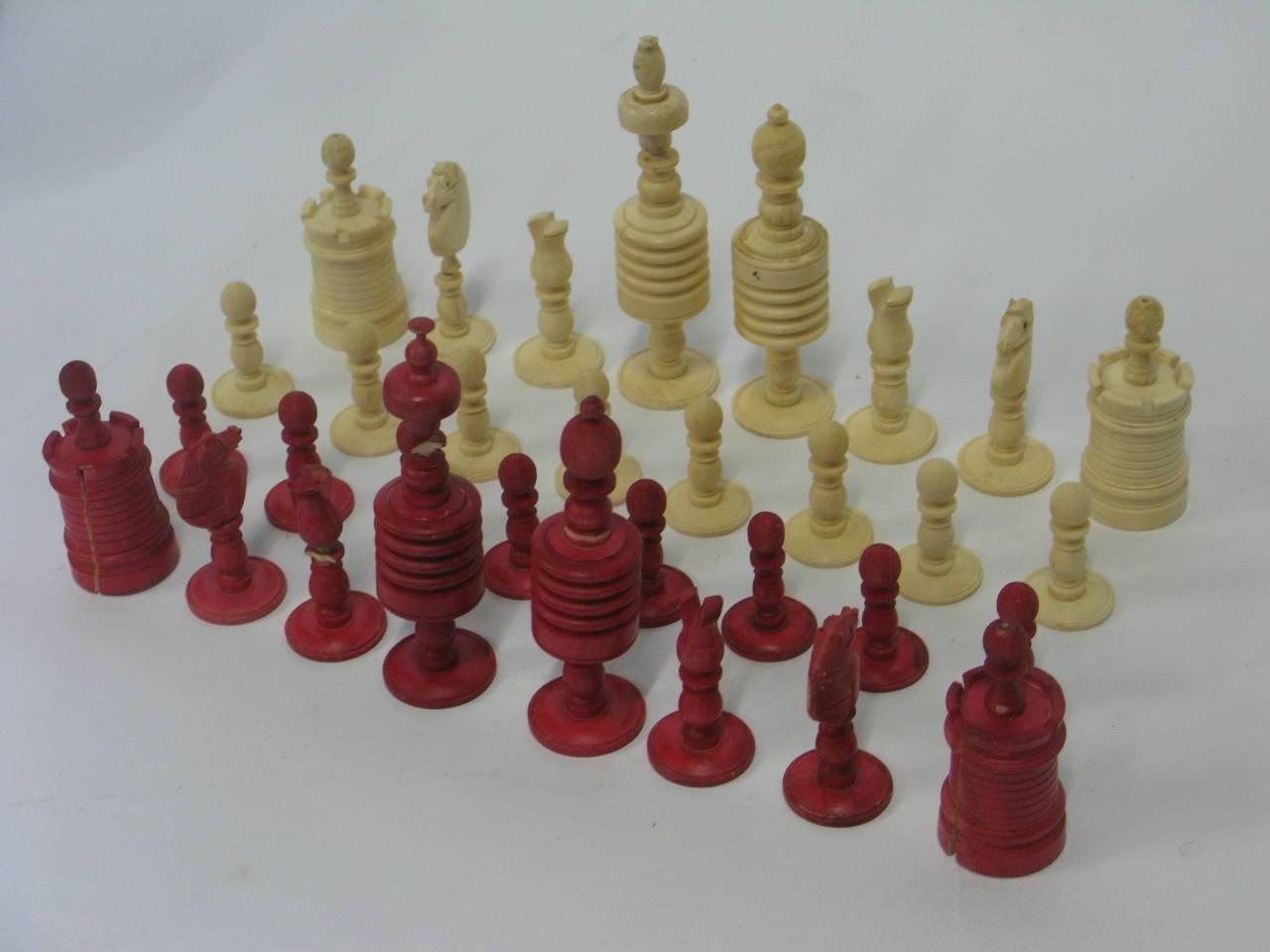 Makes a great gift!
Aged chess sets such as this have been sold at Christies, England, circa 1870 for $6,000. to $25,000.
A distinguished 19th century. Antique English turned 32-piece complete chess set, probably by Calvert or Staunton pattern.